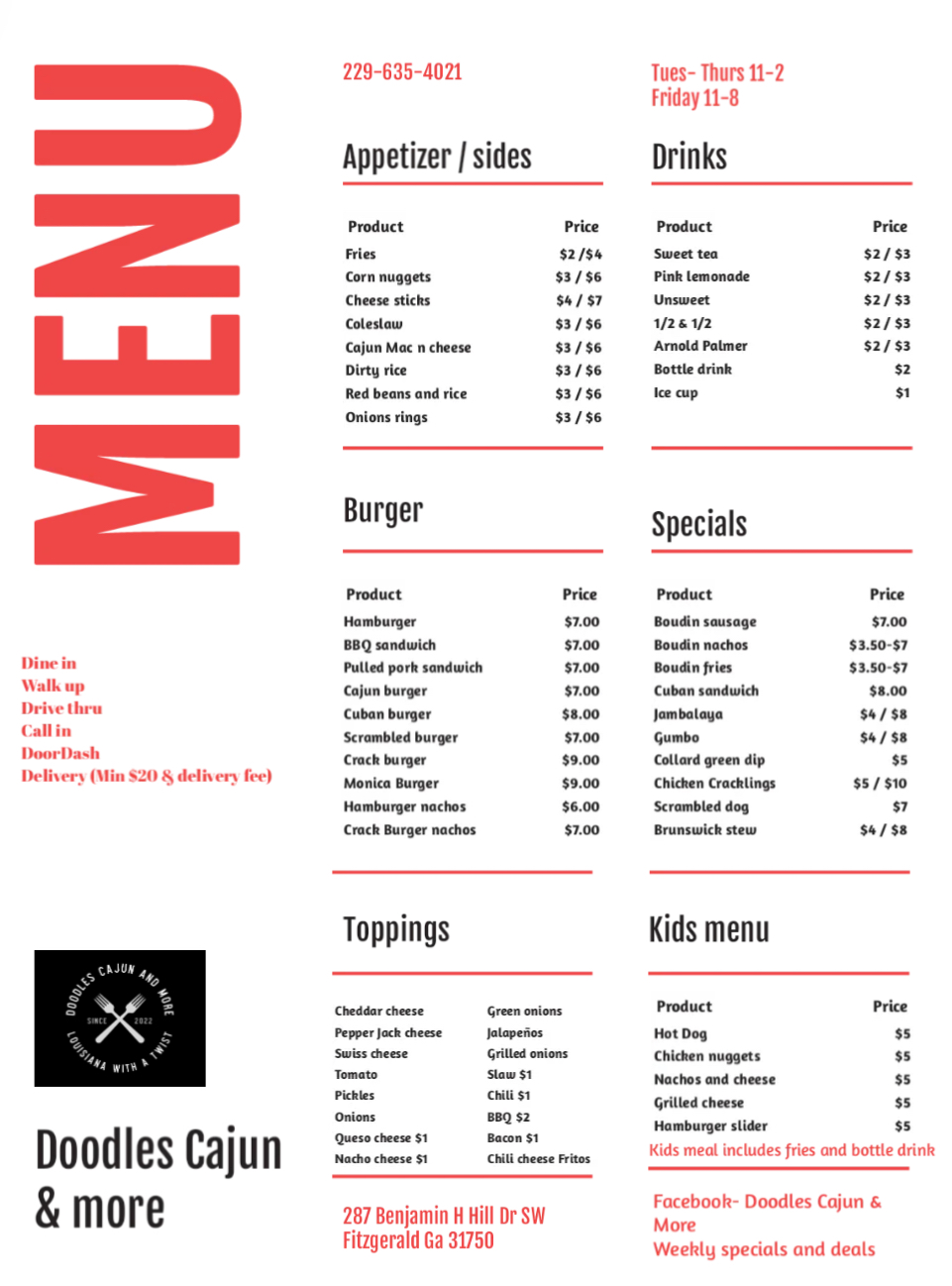 Doodles Cajun and More Menu
