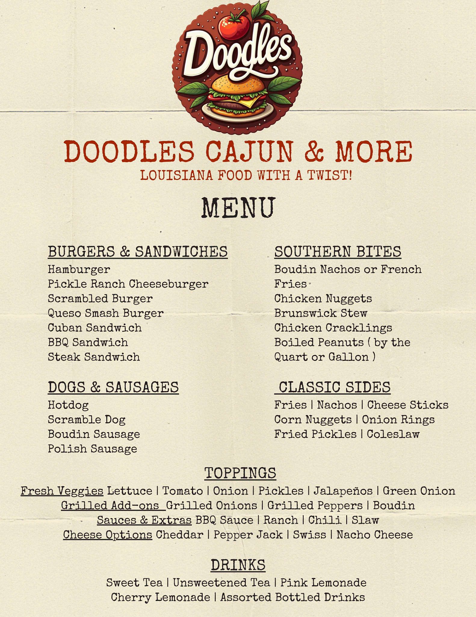 Doodles Cajun and More Menu