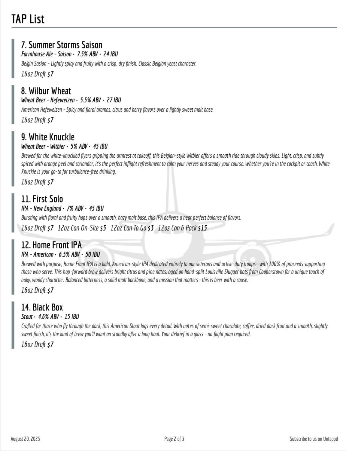 Chattabrewchee The Hangar Menu