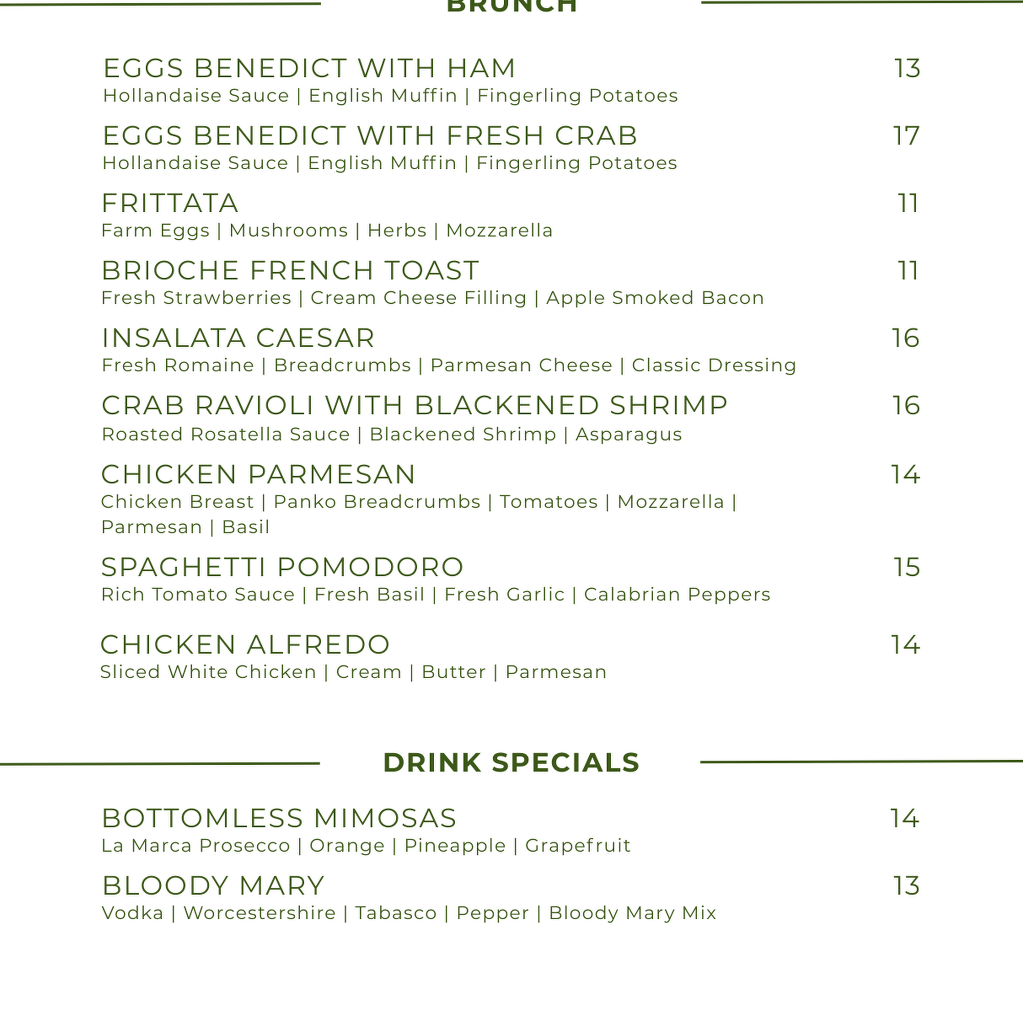 Pasta Masters Cucina Menu