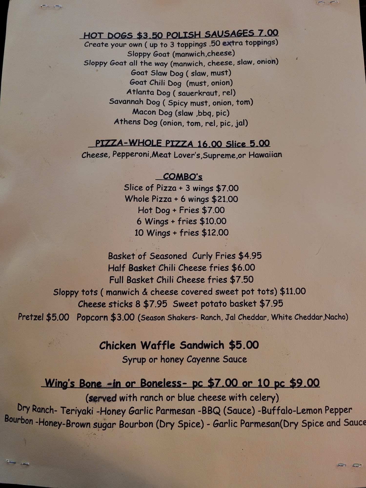 The Goat Island Menu