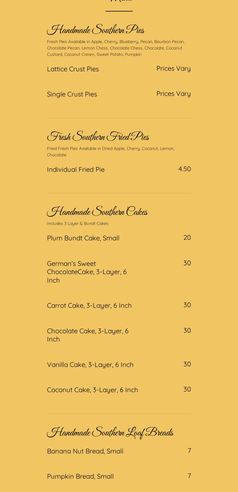 The Burnt Mountain Pie Company Menu