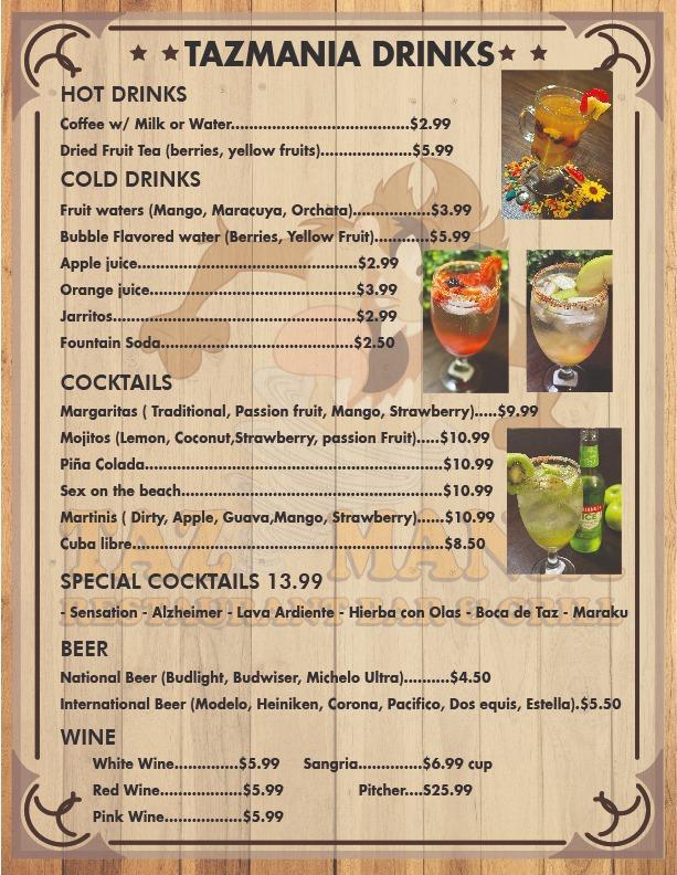 Tazmania Sportsbar & Grill Menu