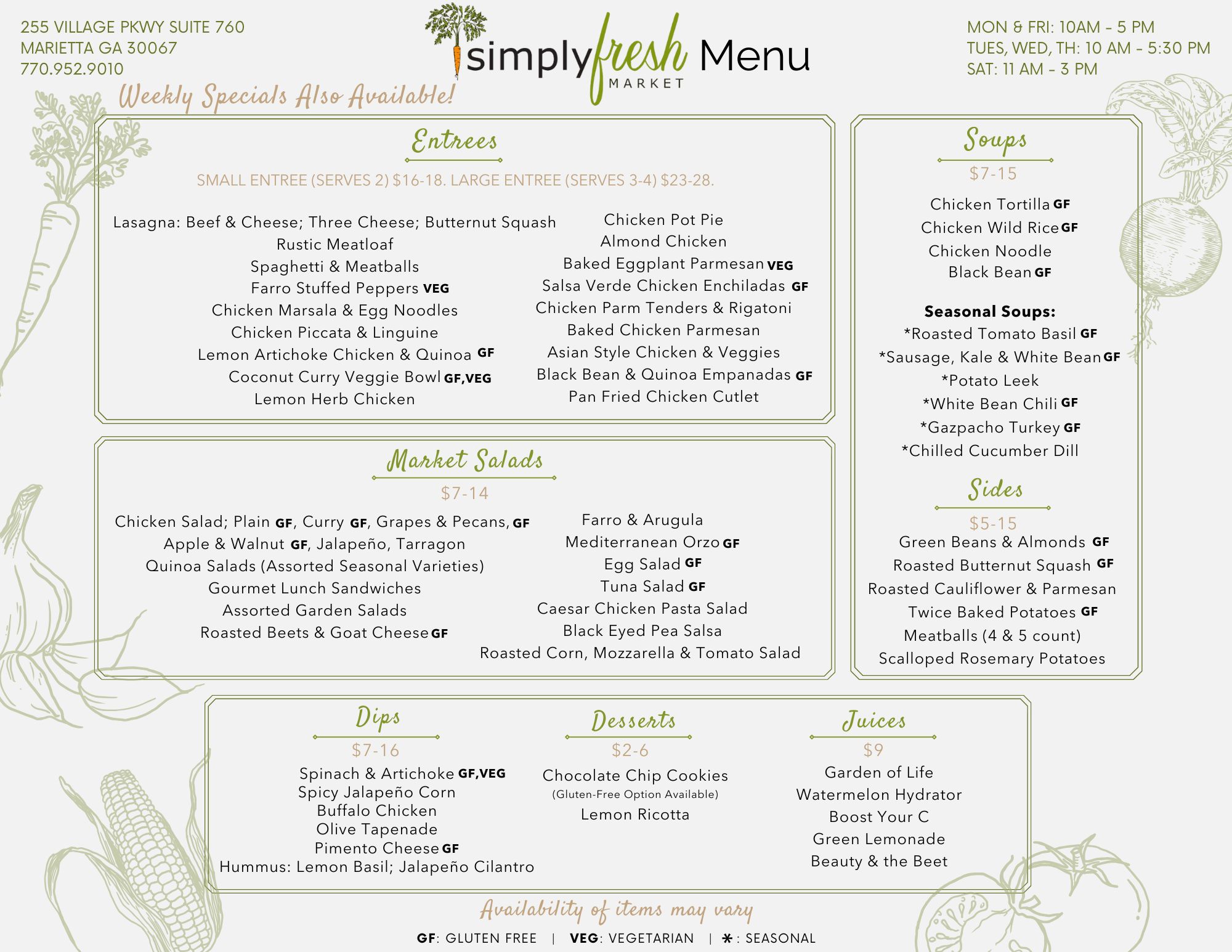 simply FRESH Market Menu