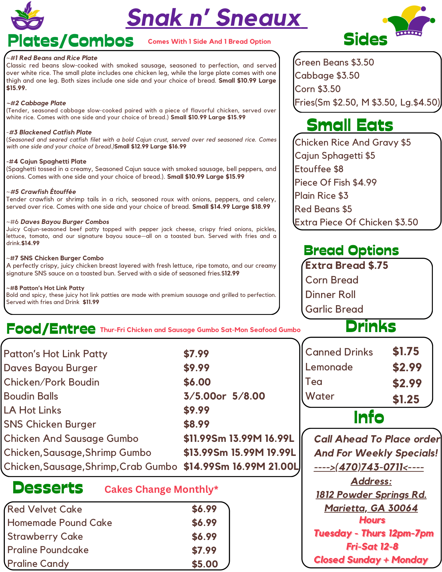 SNAK'N SNEAUX LLC Menu