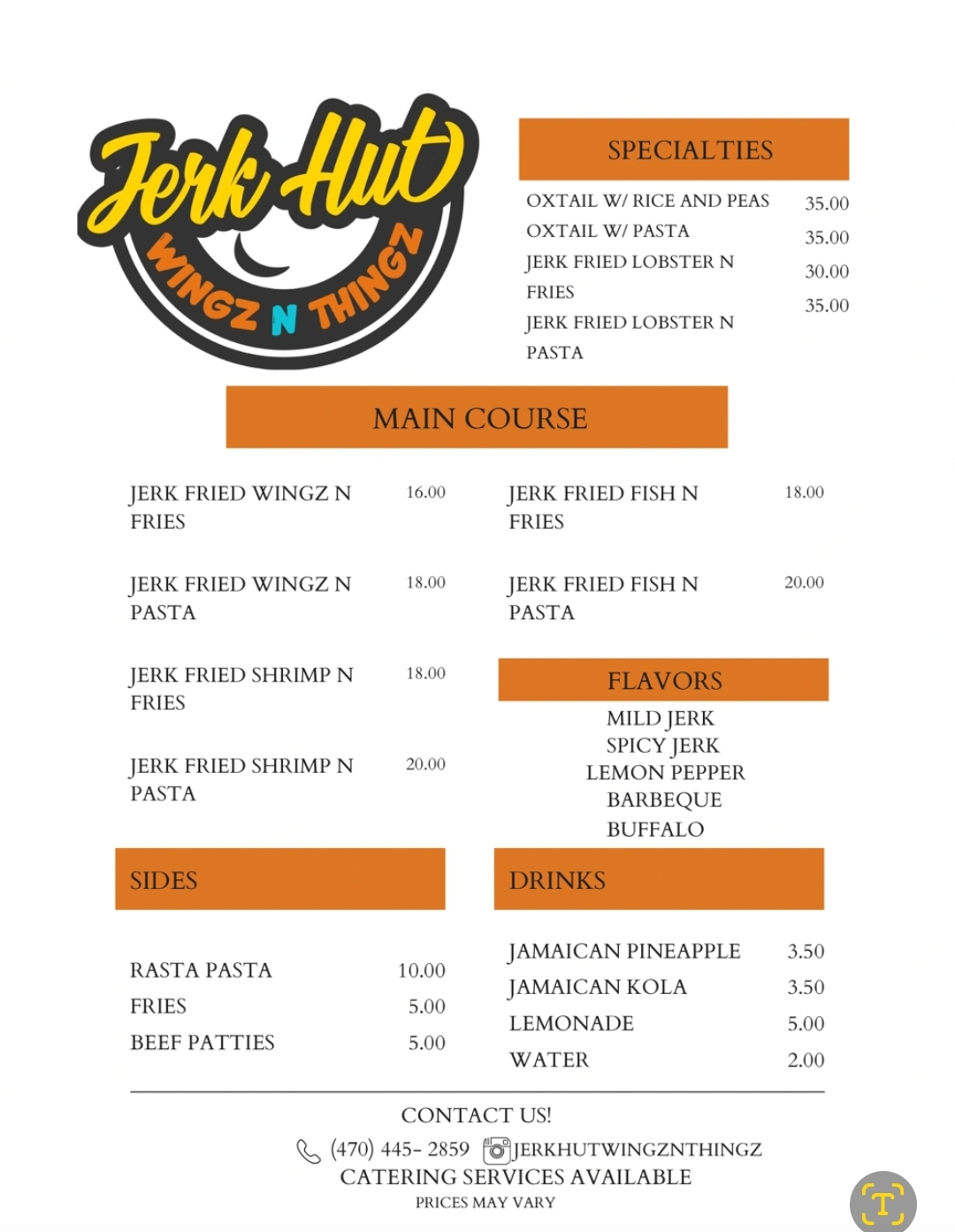 Jerk Hut Wingz N Thingz Menu