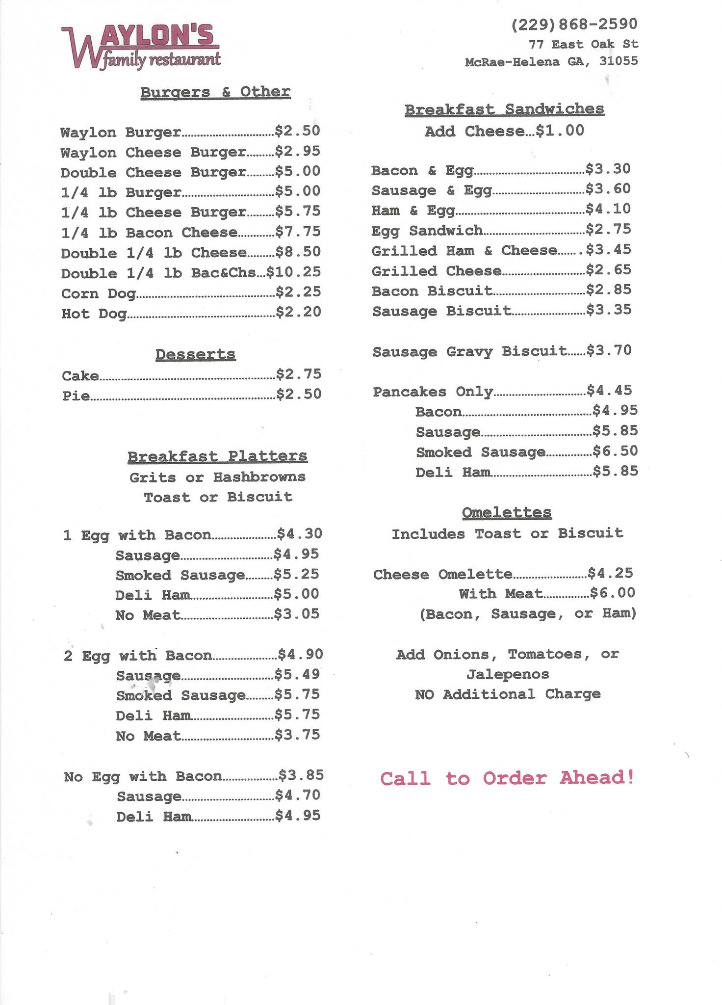 Waylon's Family Restaurant Menu
