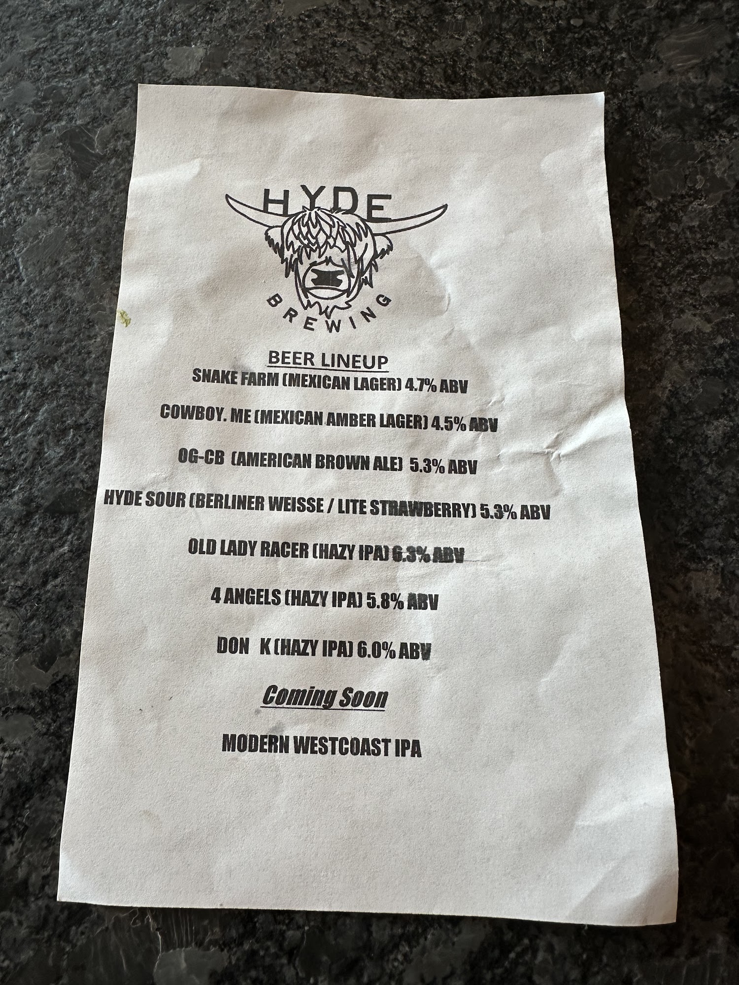 Hyde Brewing Menu