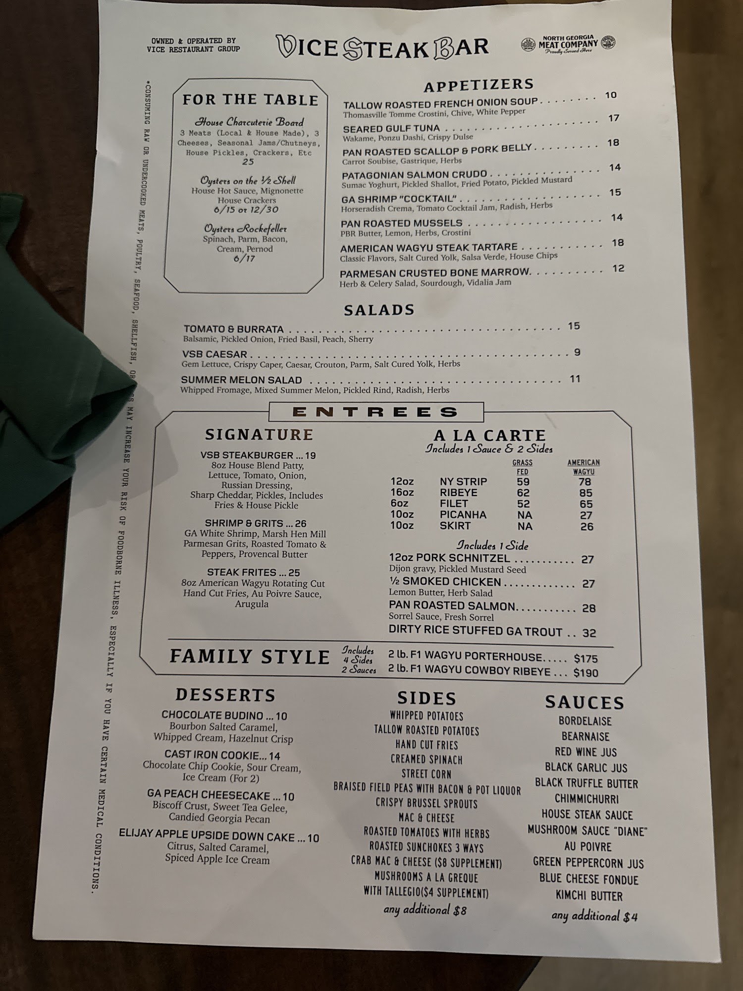 Vice Steak bar Menu