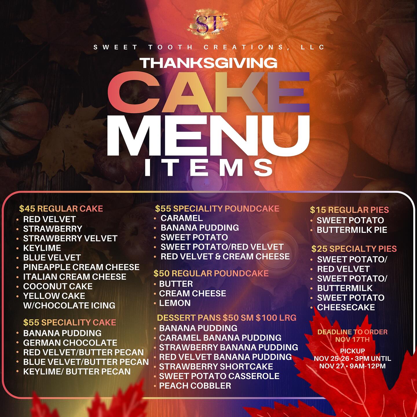 Sweet Tooth Kakes Menu