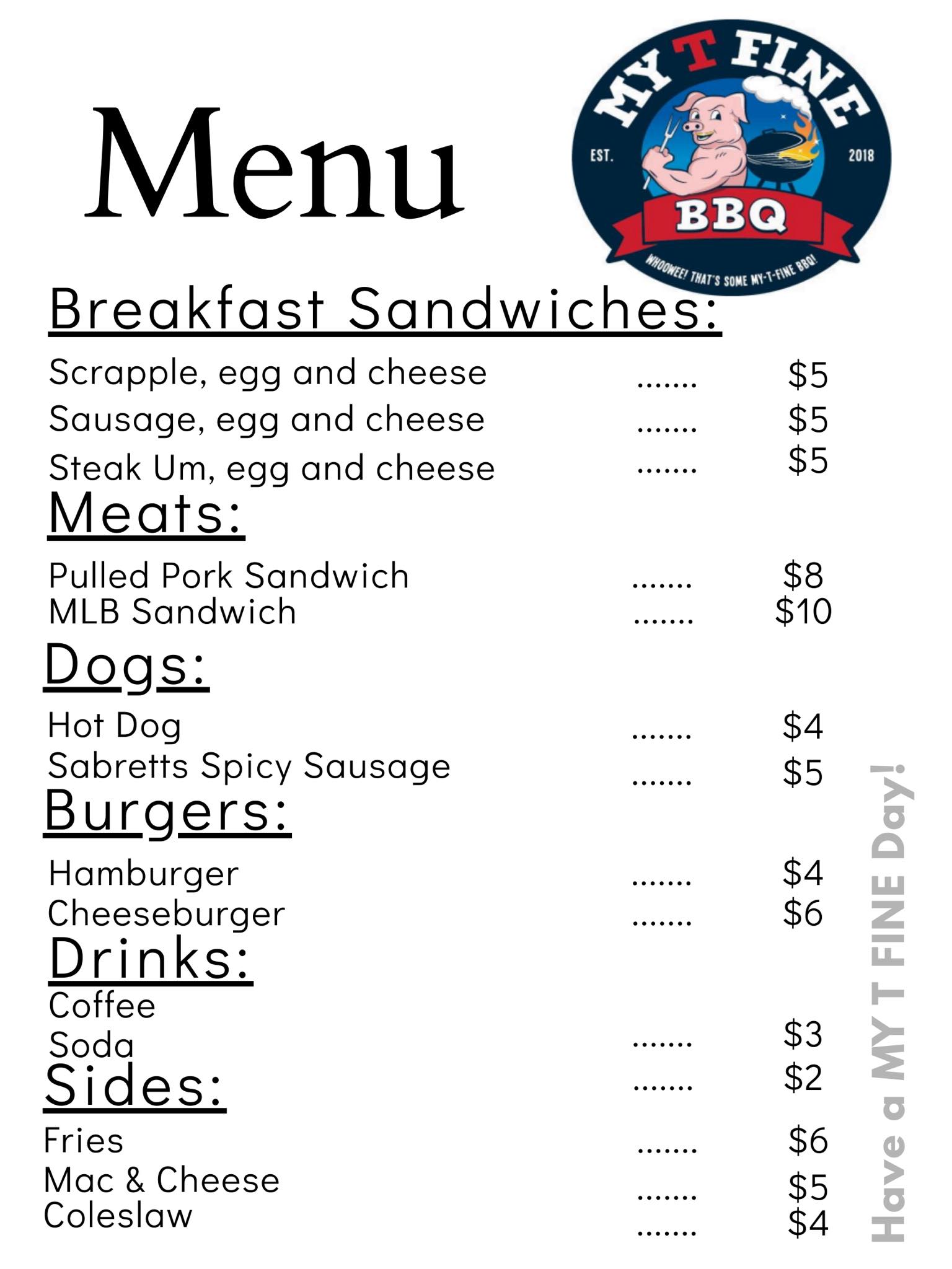My-T-Fine BBQ Menu
