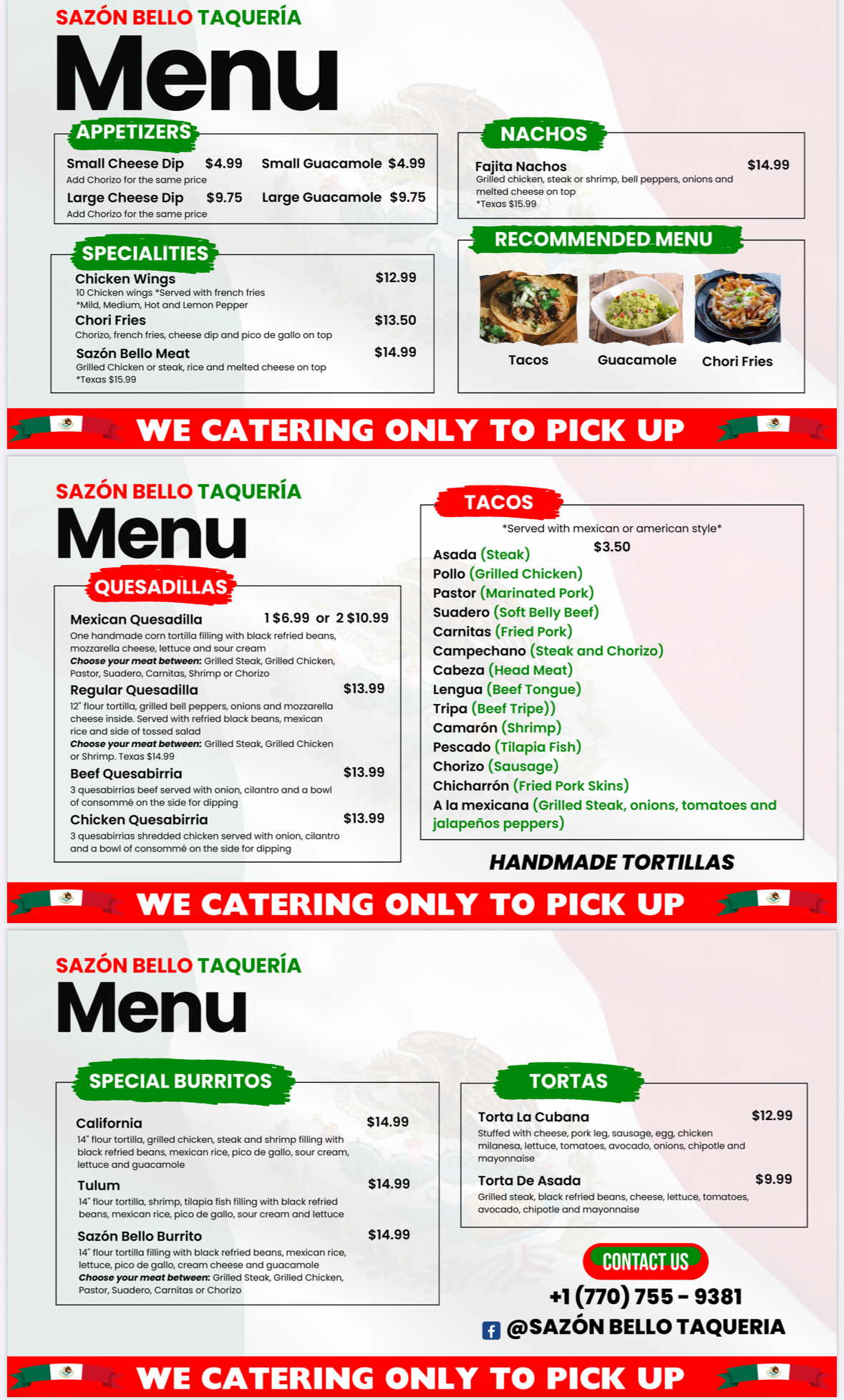 Sazón Bello Taquería Menu