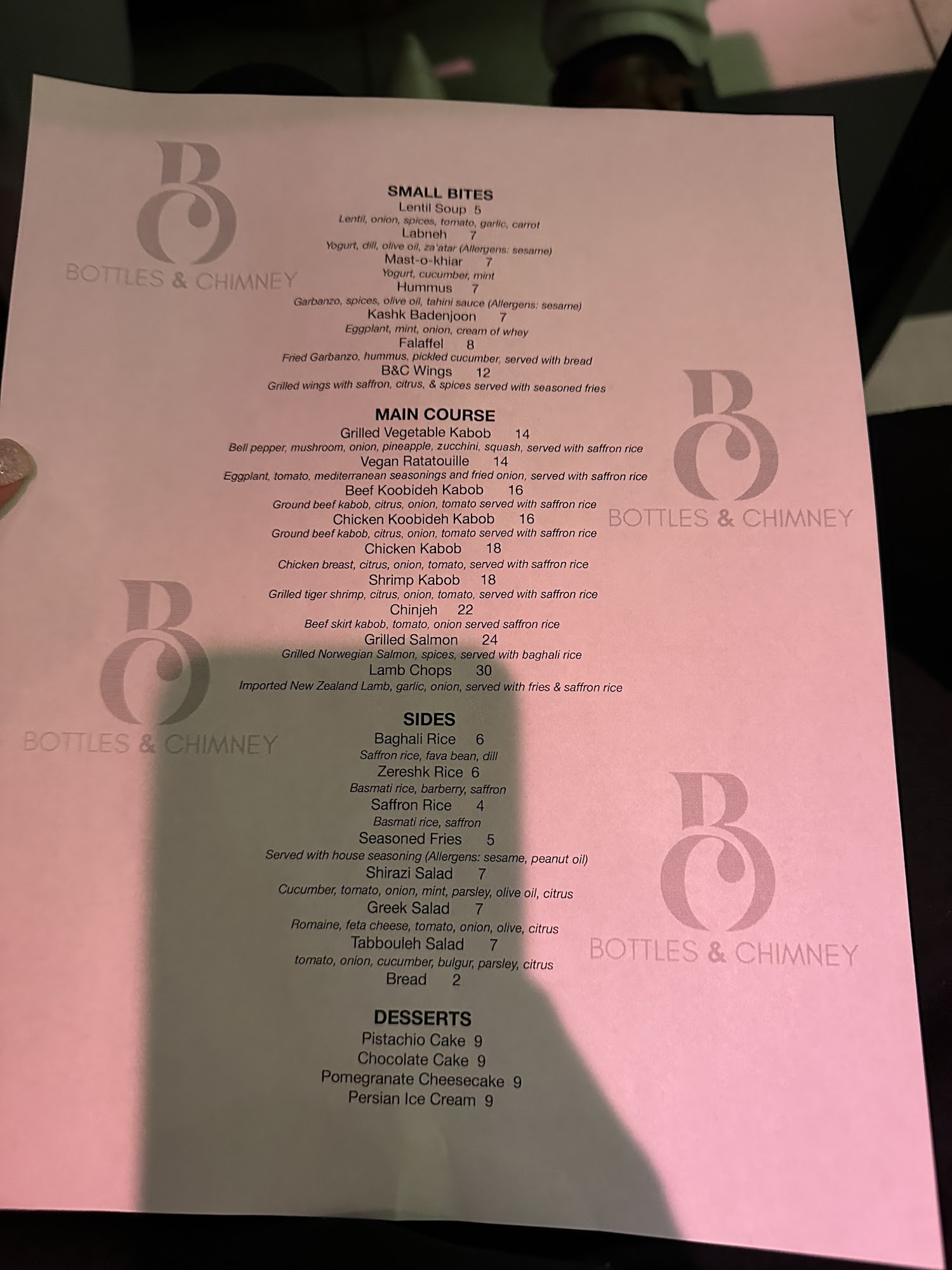 Bottles & Chimney Menu