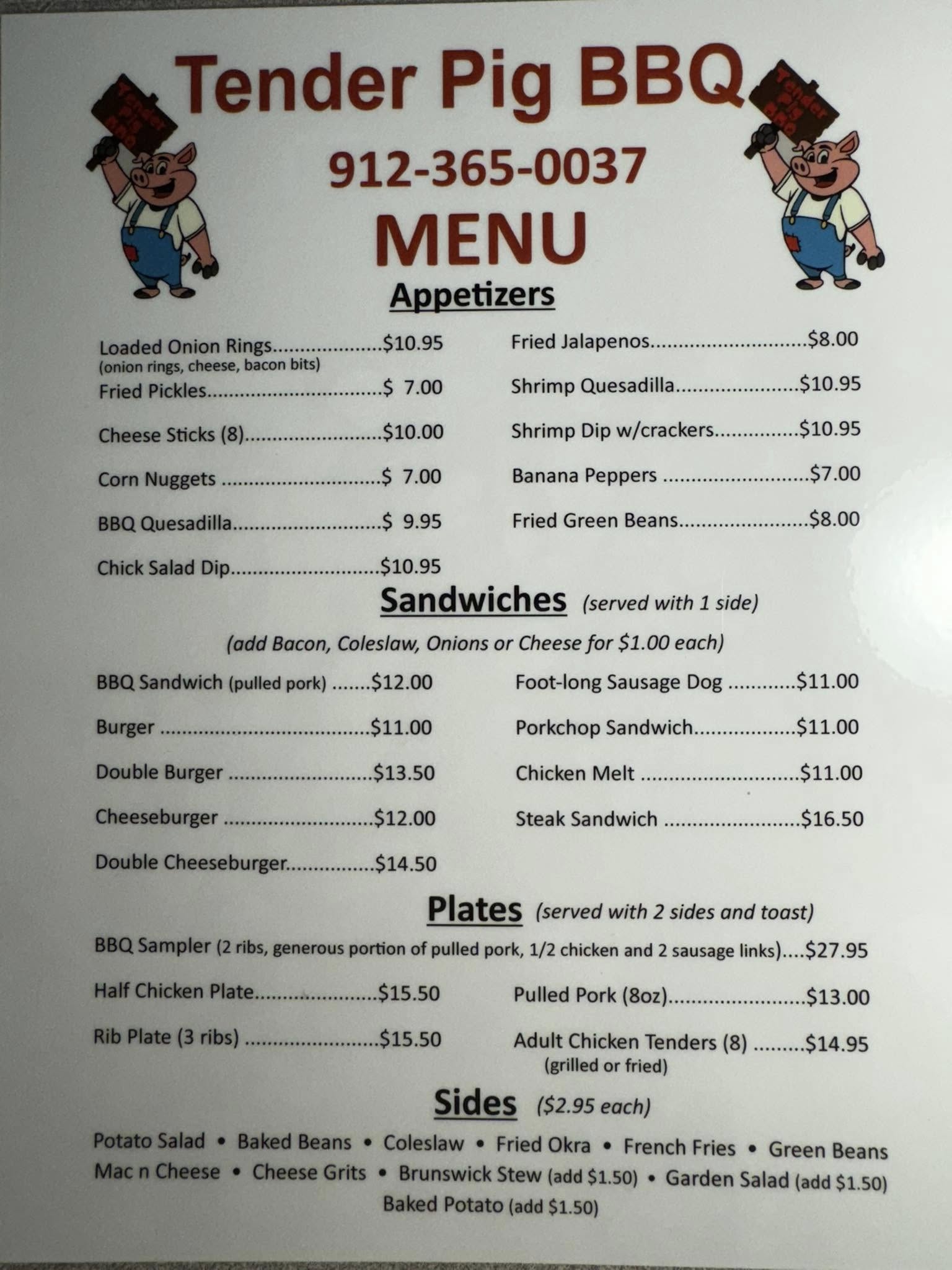 Tender Pig BBQ Menu