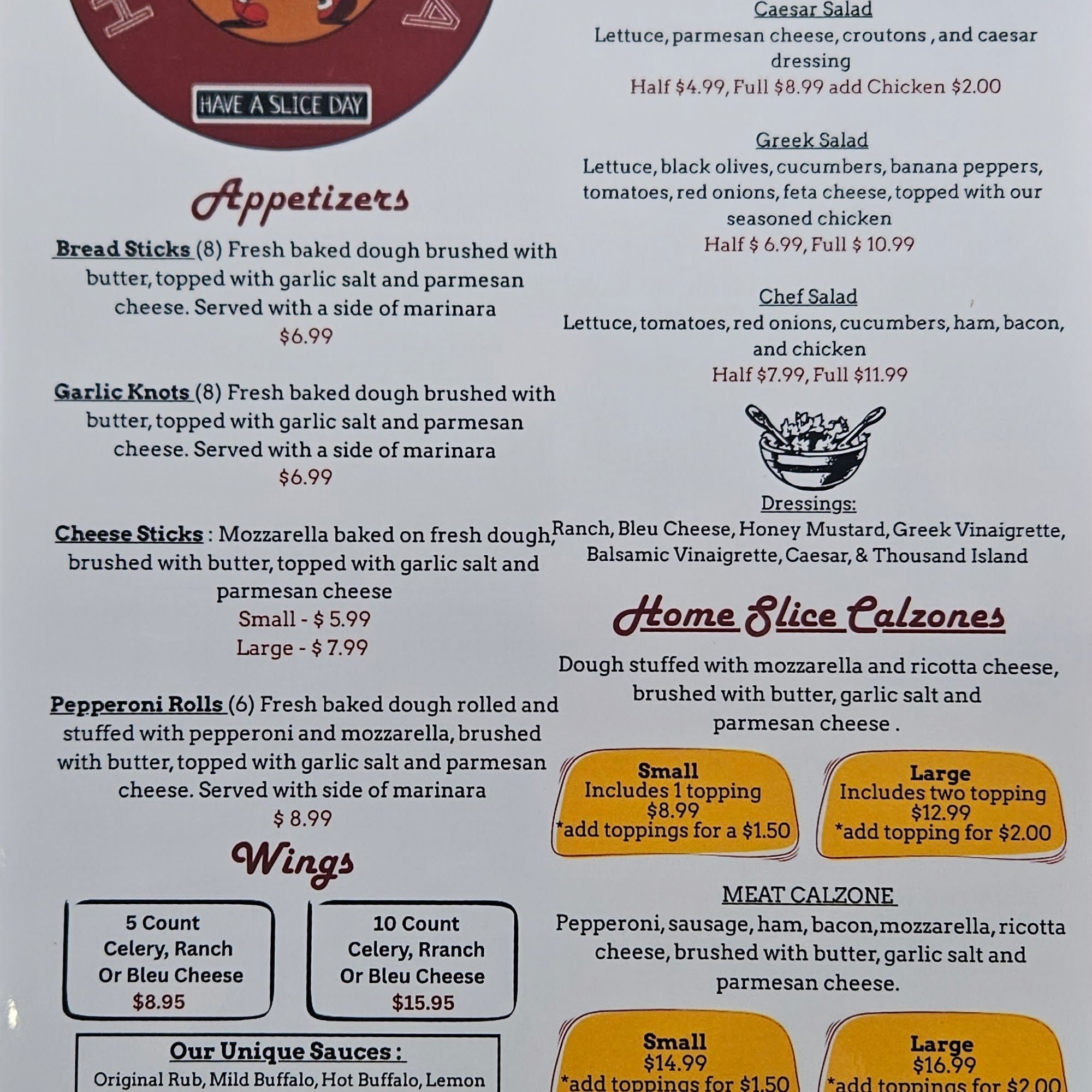 Home Slice Pizza Perry Menu