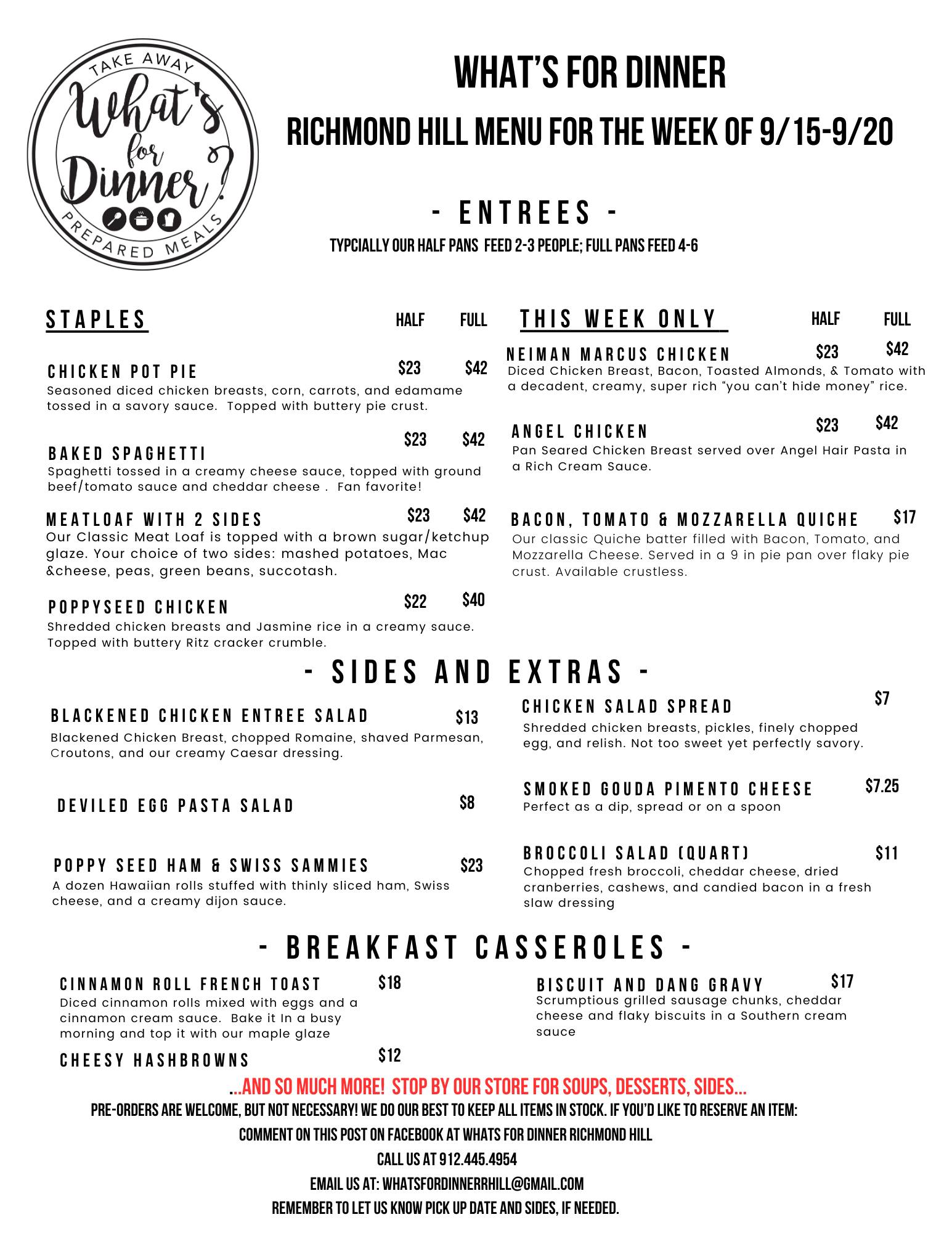 What's For Dinner - Richmond Hill Menu