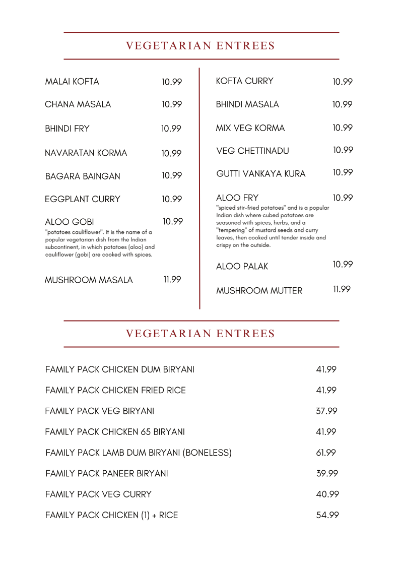 Indian 5 Stars Restaurant Menu