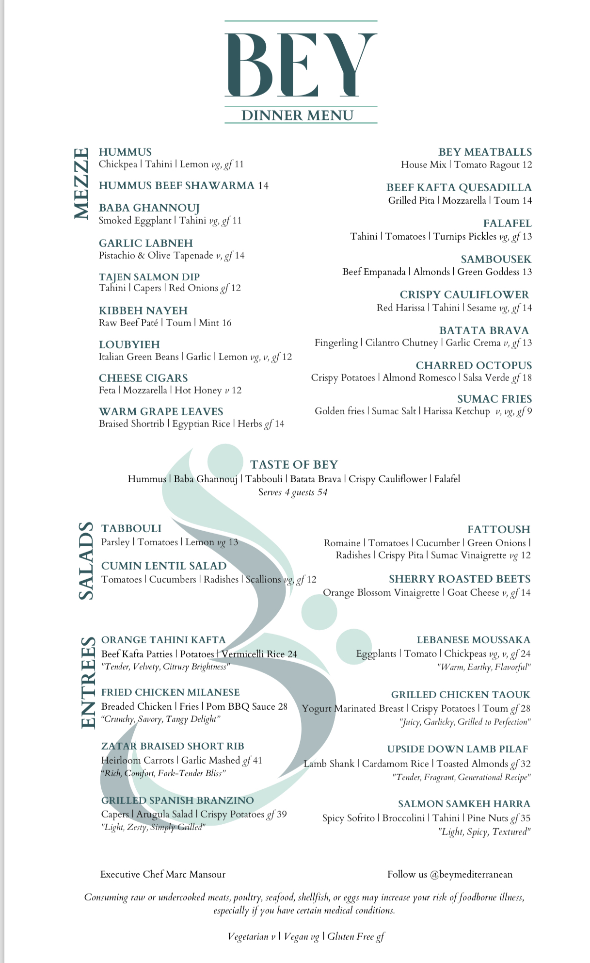 Bey Mediterranean Kitchen & Bar Menu