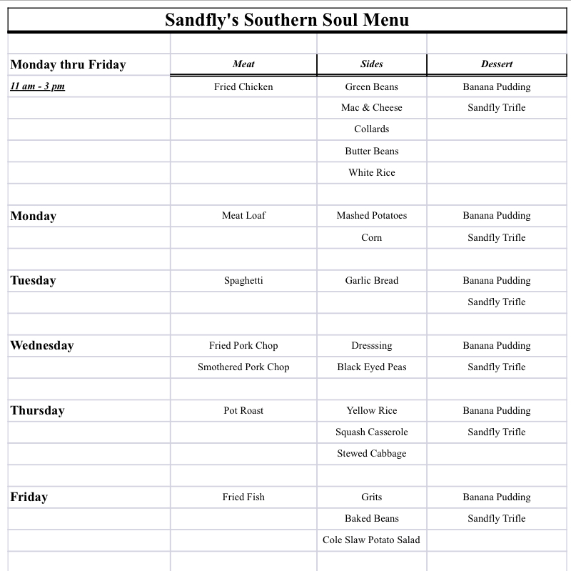Sandfly's Southern Soul Menu