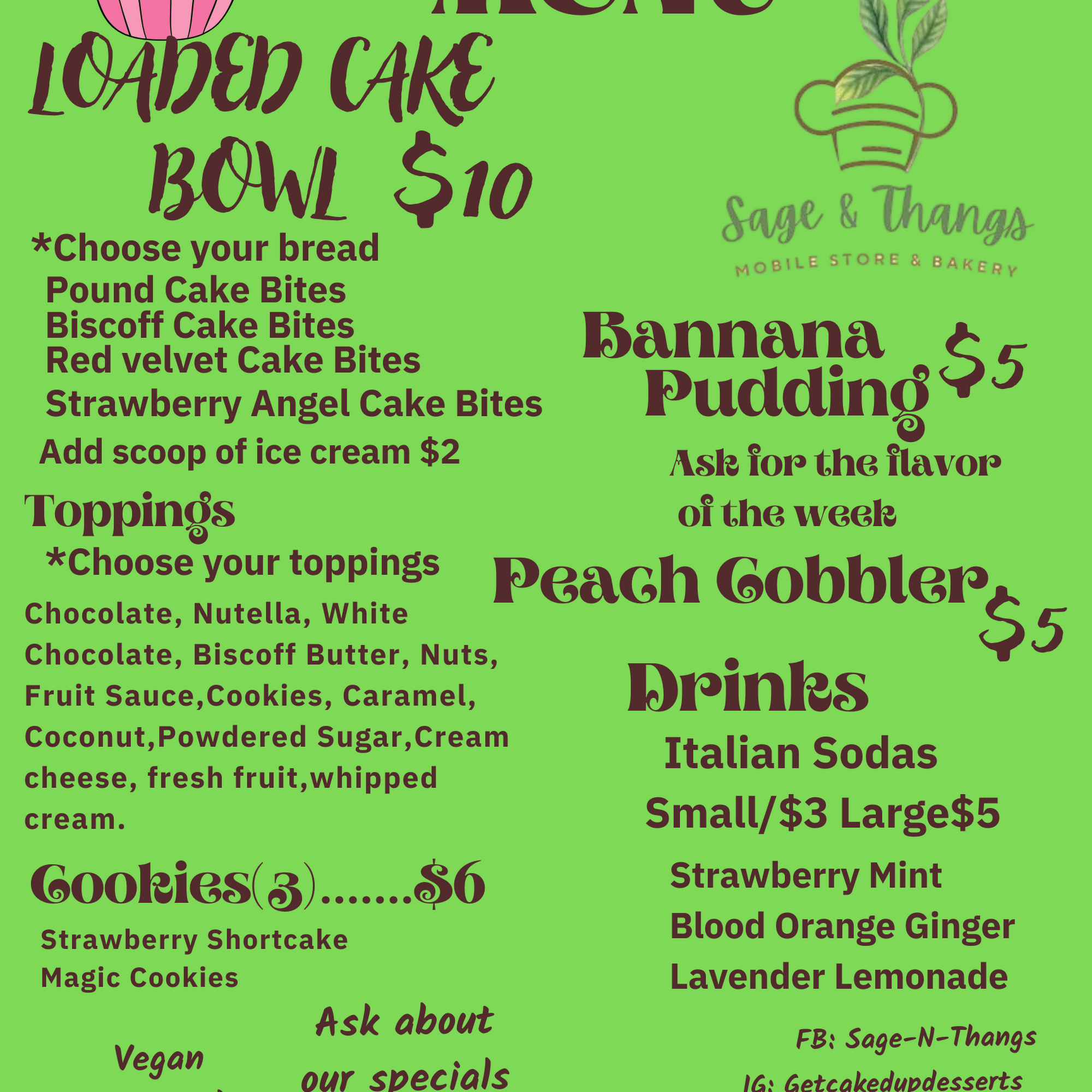 Sage N Thangs Mobile Store & Bakery Menu