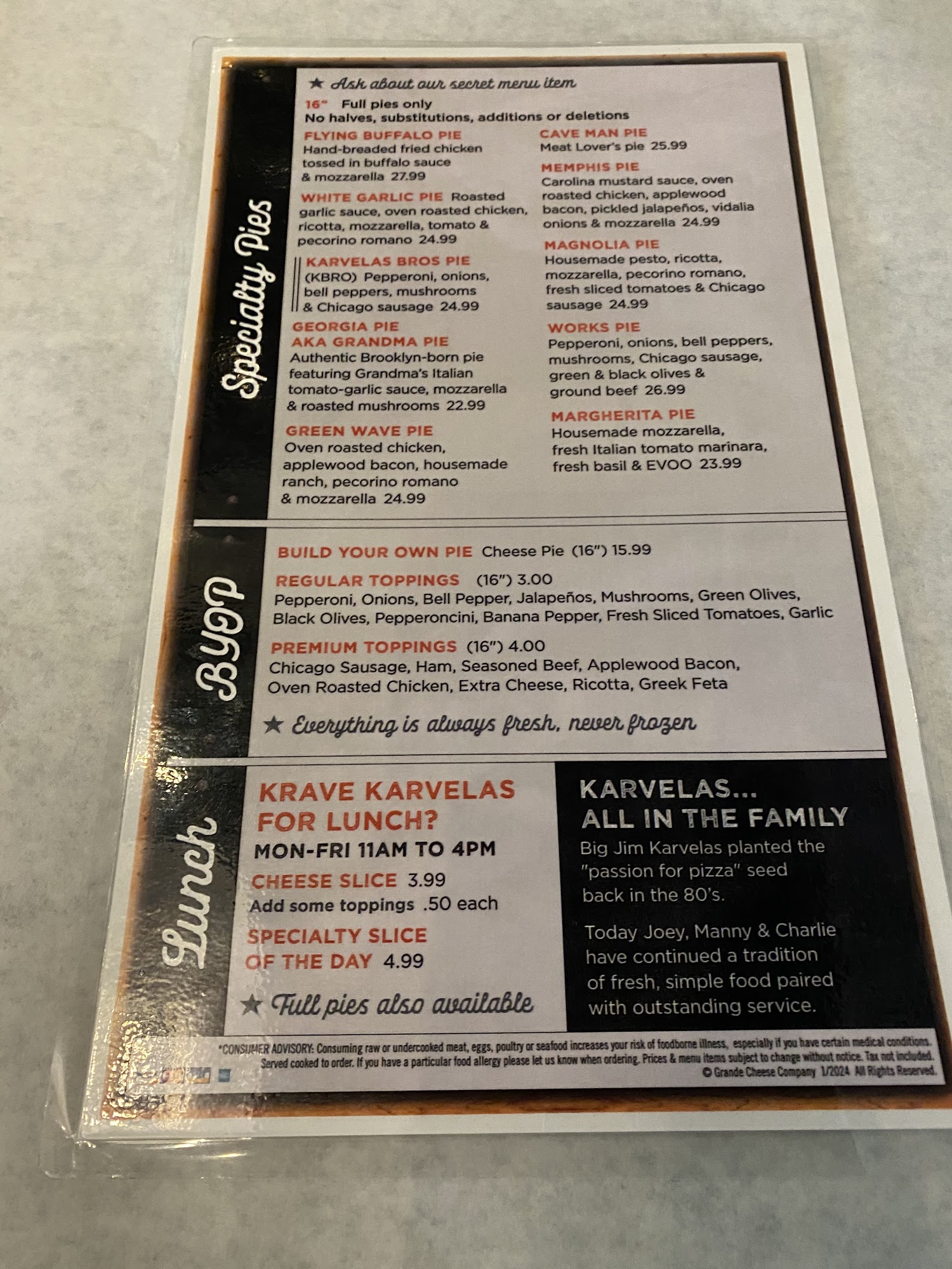Karvelas Pizza Co. Senoia Menu