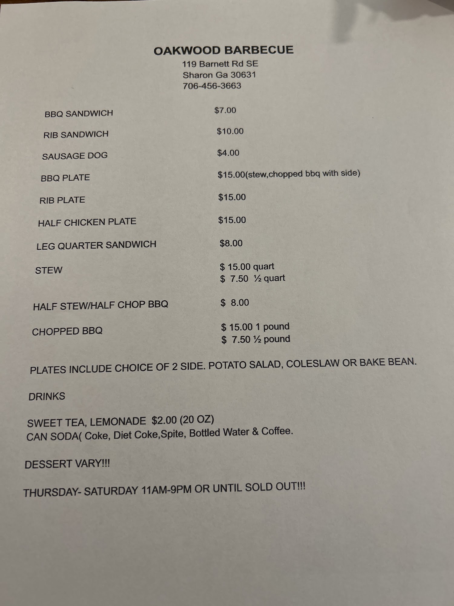 Oakwood BBQ Menu
