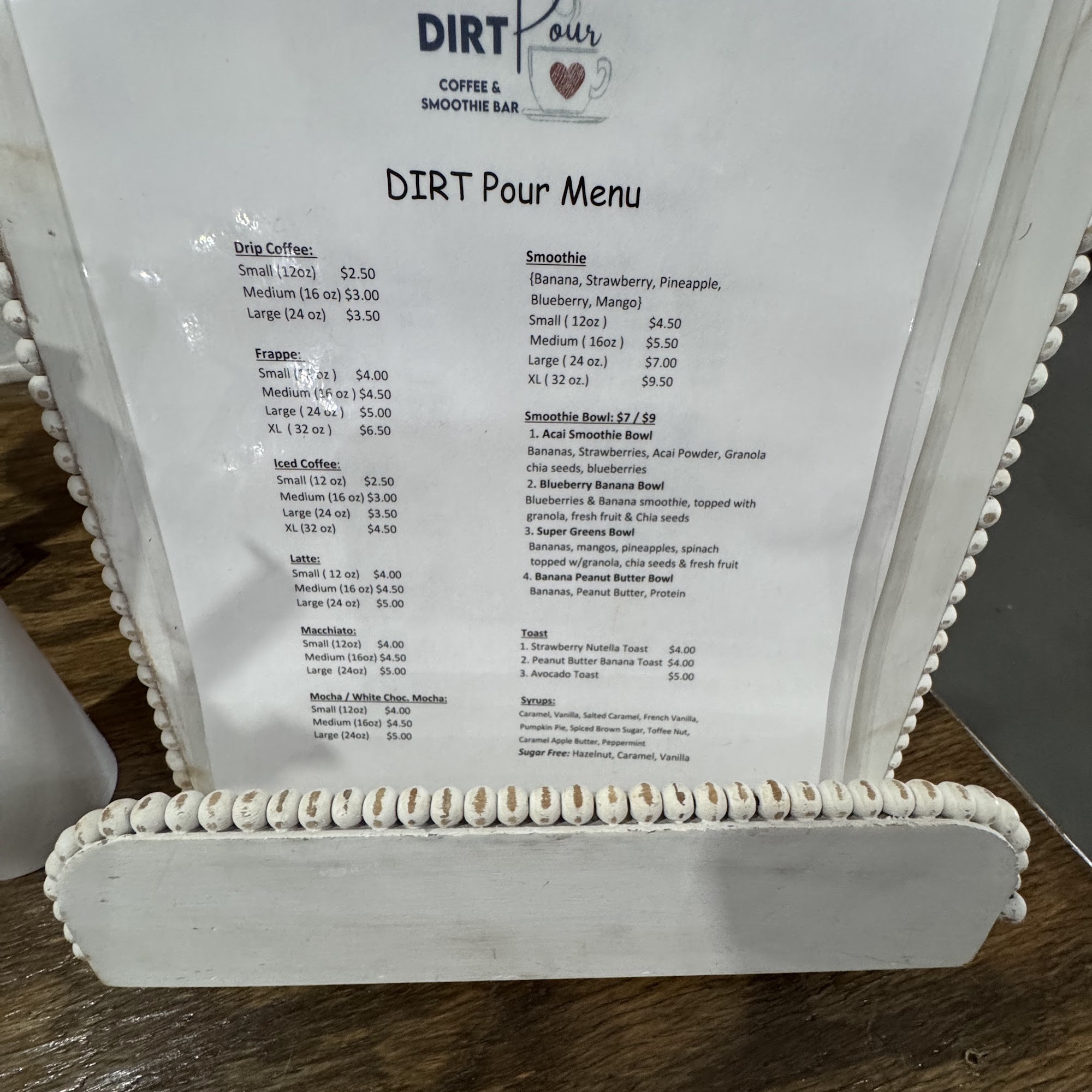 DIRT Pour Coffee and Cafe Menu