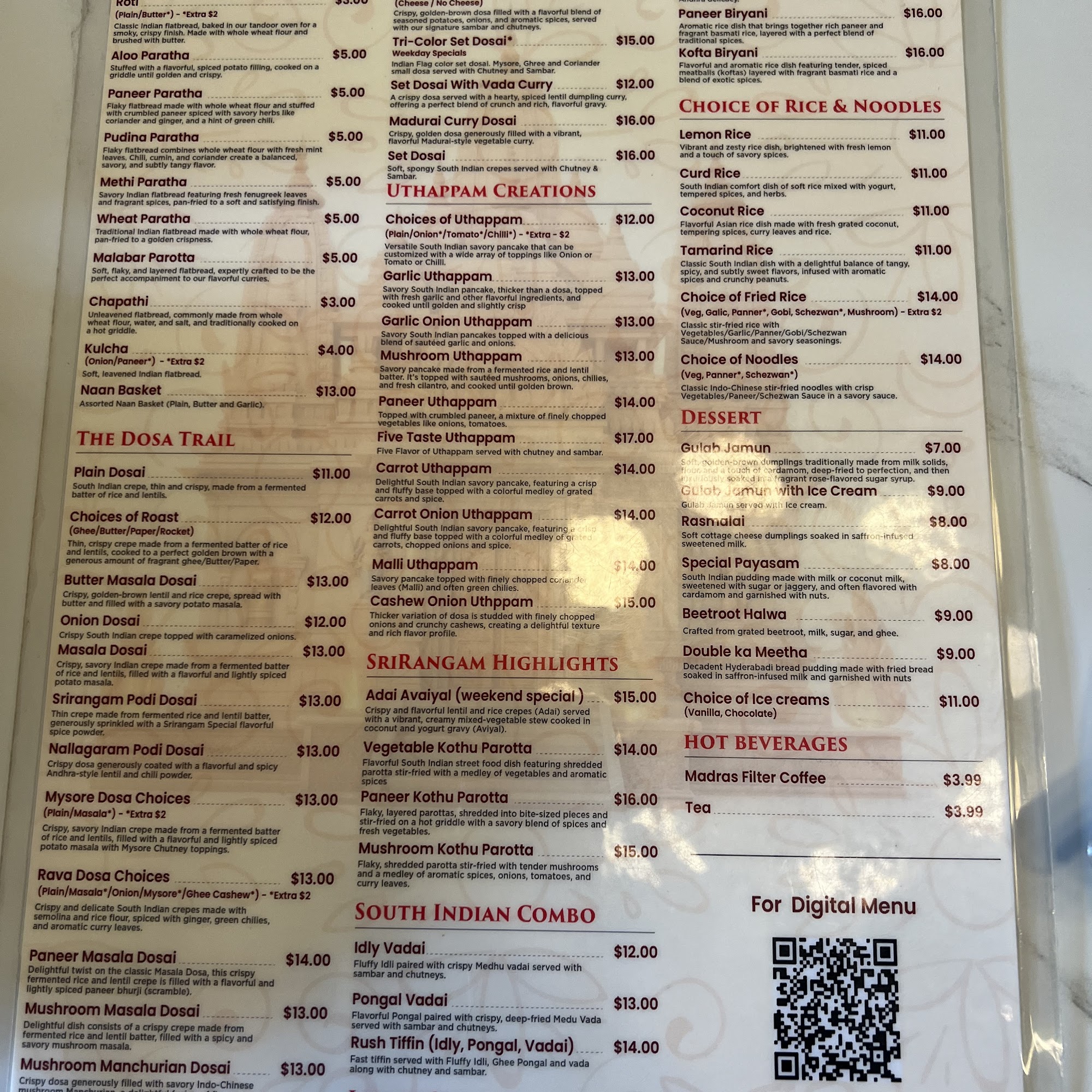 SriRangam - Veg Restaurant Menu