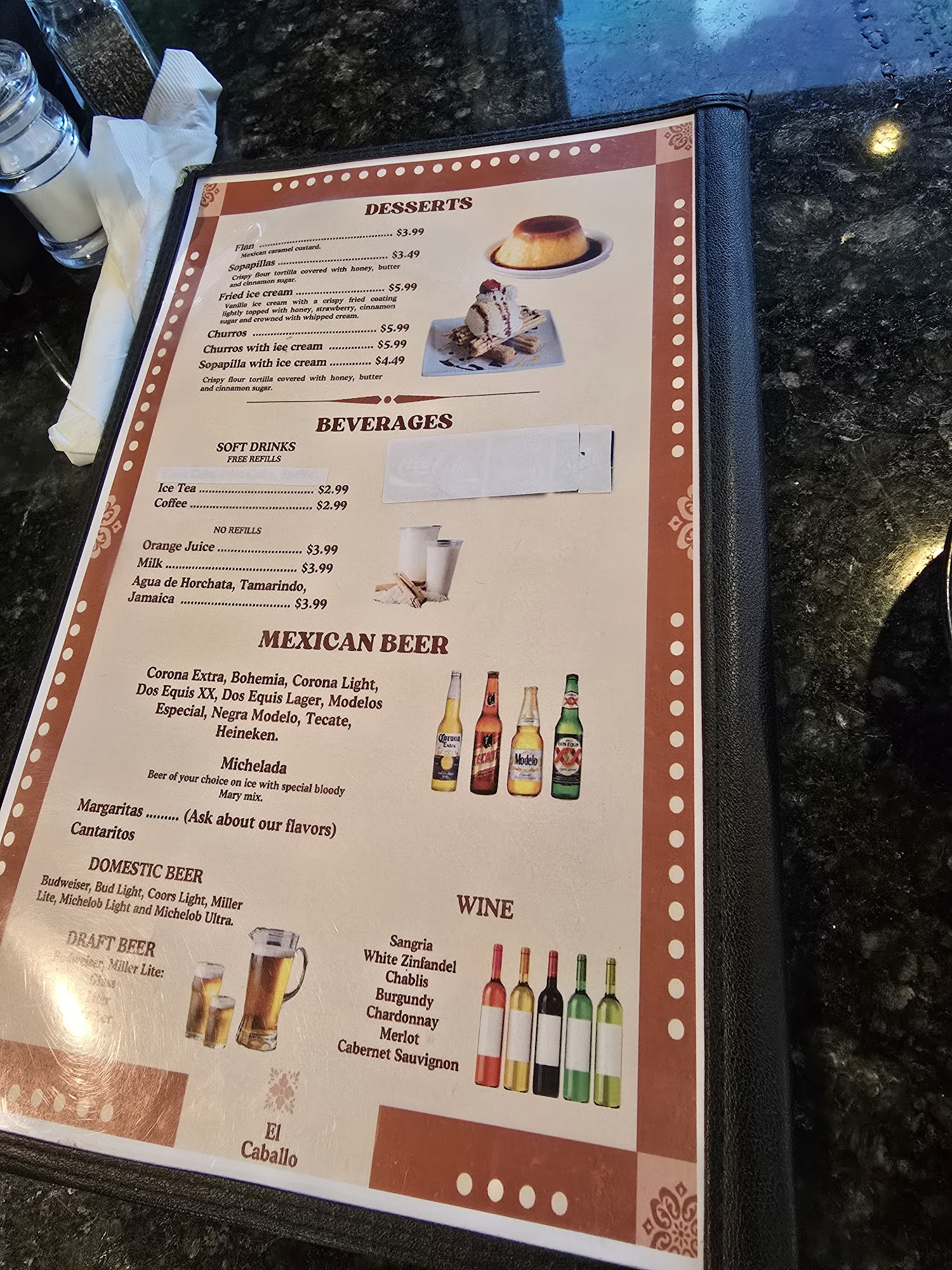 El Caballo Menu
