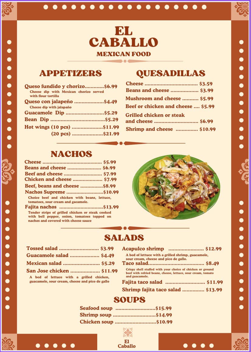 El Caballo Menu