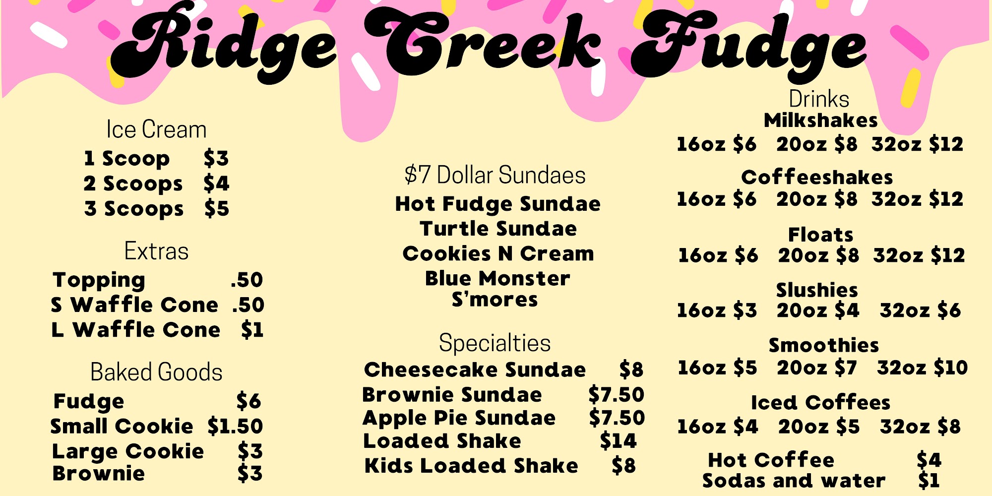 Ridge Creek Fudge Menu