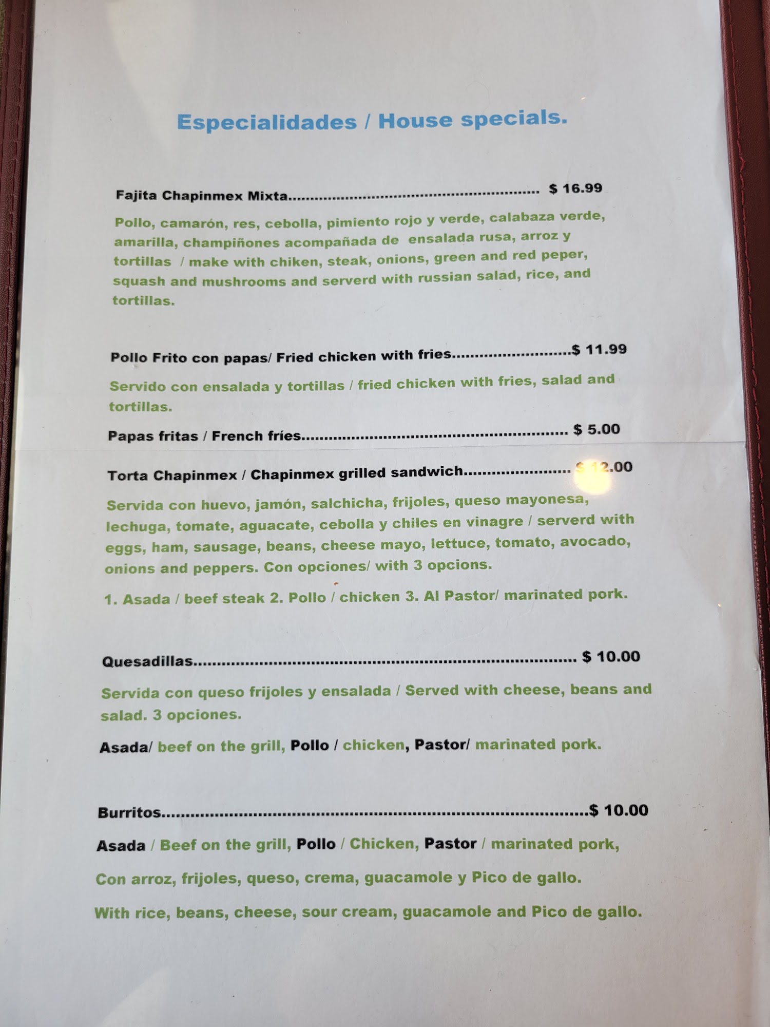 Chapinmex Taqueria Menu