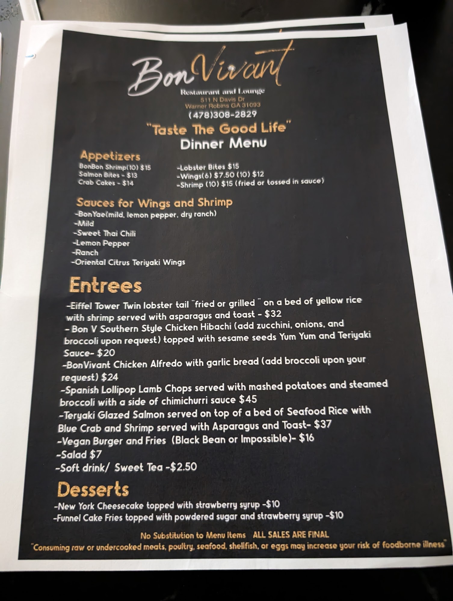 Bon Vivant LLC Menu