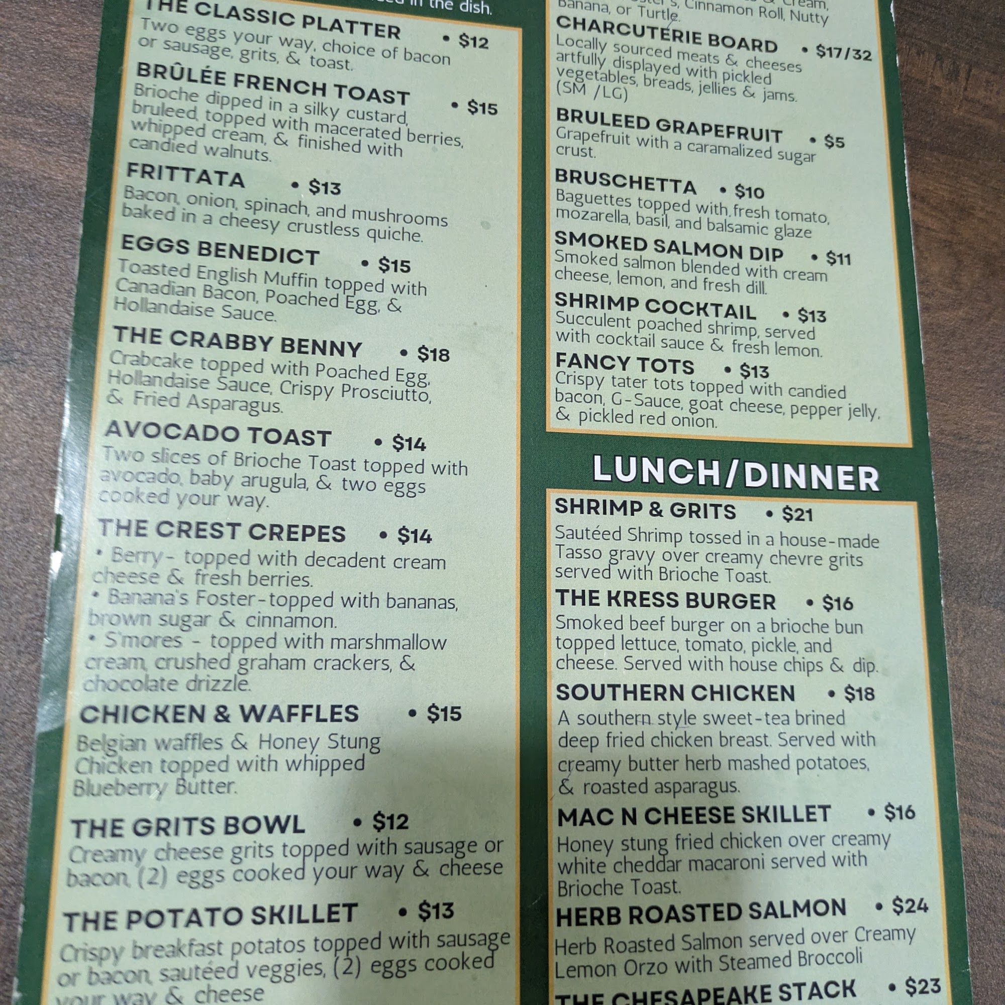 The Crest Cafe & Shoppe Menu