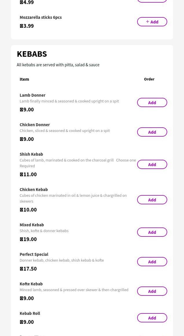 Perfect Kebab Menu