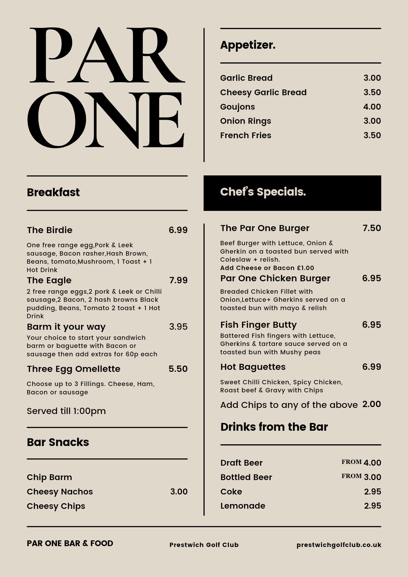 Par One Bar & Restaurant by Prestwich Golf Club Menu