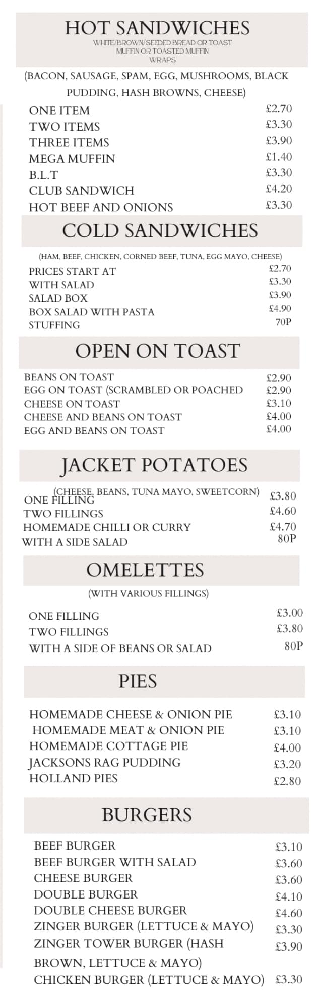 Tudor Cafe Menu