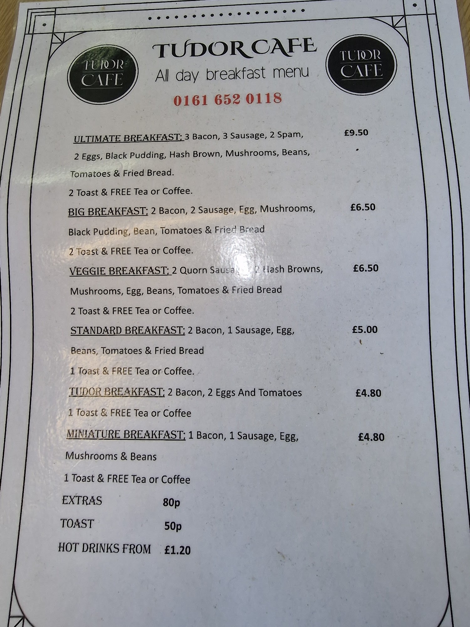 Tudor Cafe Menu