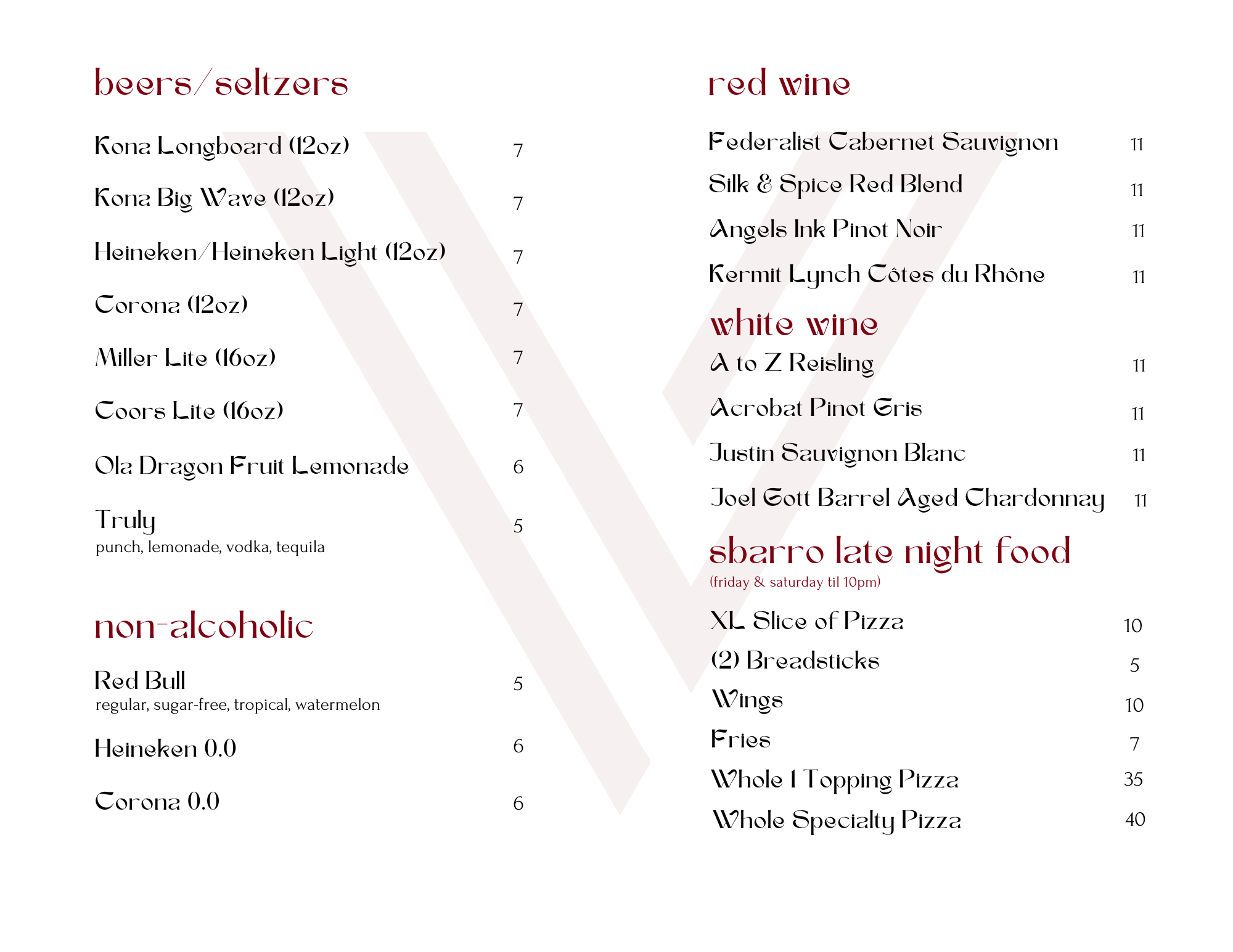 Valor Hawaii Menu