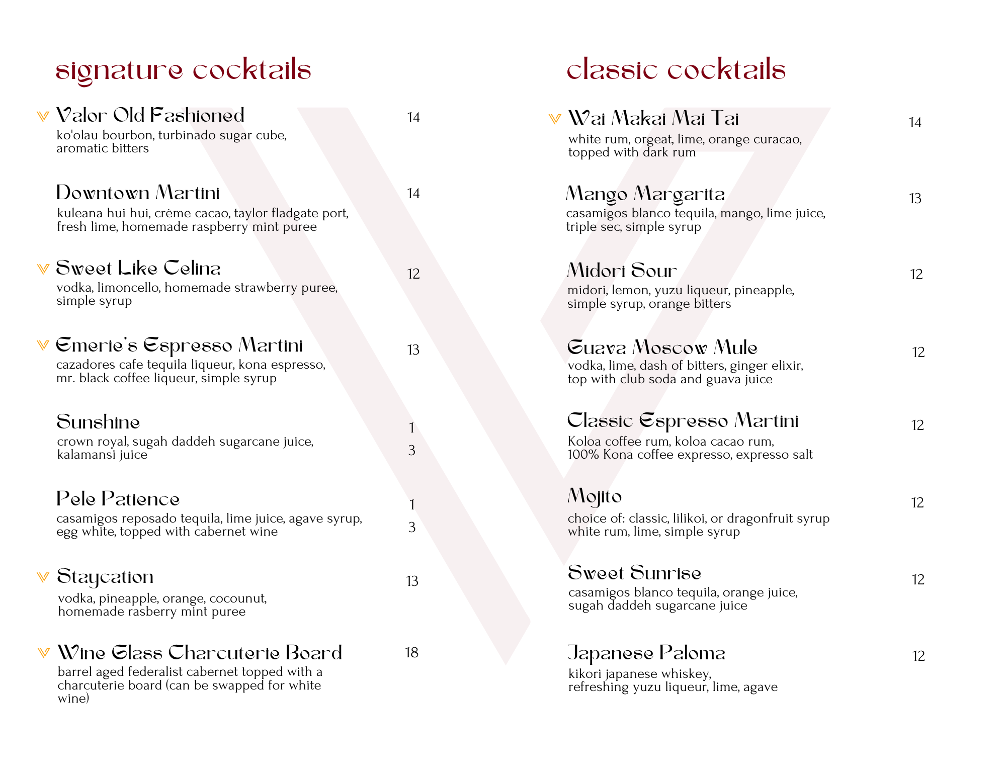 Valor Hawaii Menu