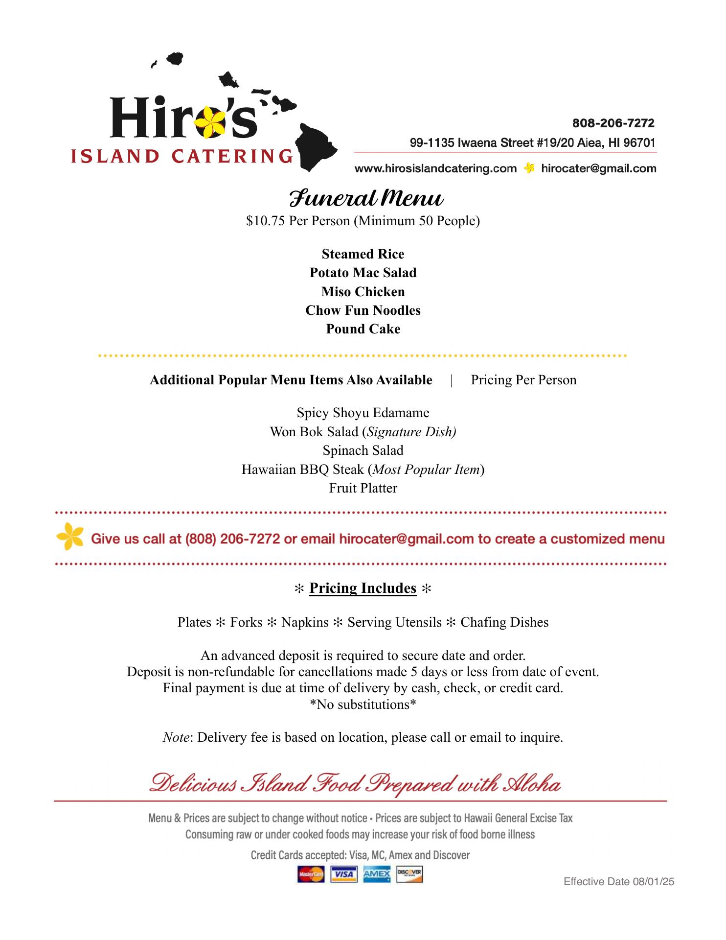 hiro catering Menu