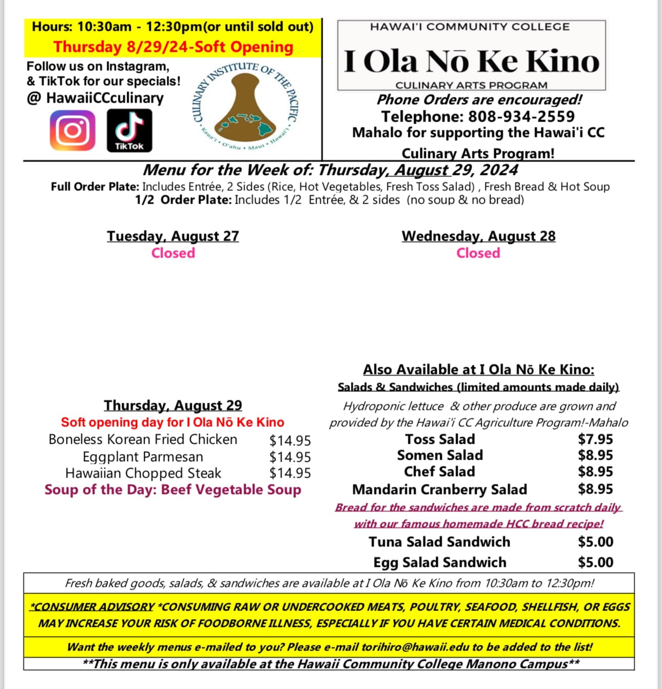 I Ola Nō Ke Kino at The Hawaii Community College Culinary Arts Program Menu