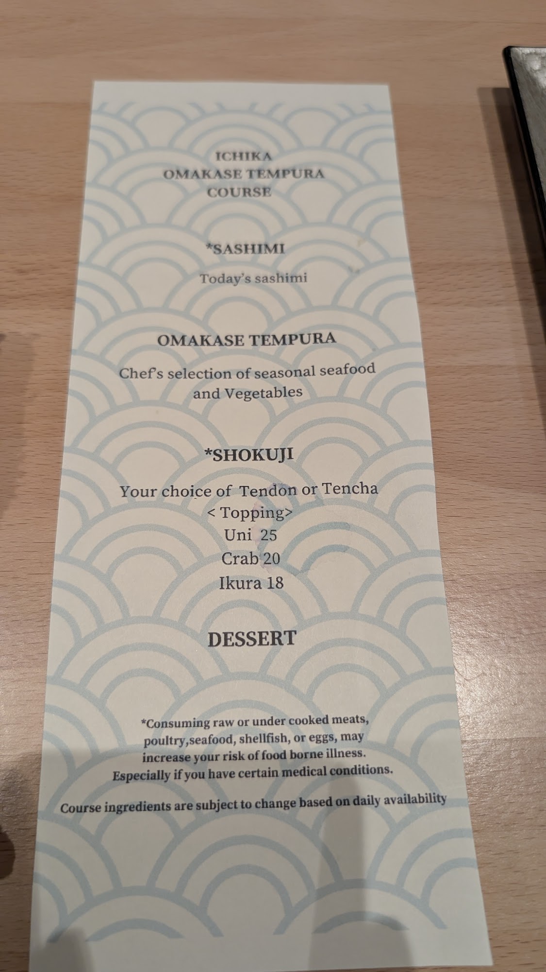 Tempura Ichika Menu