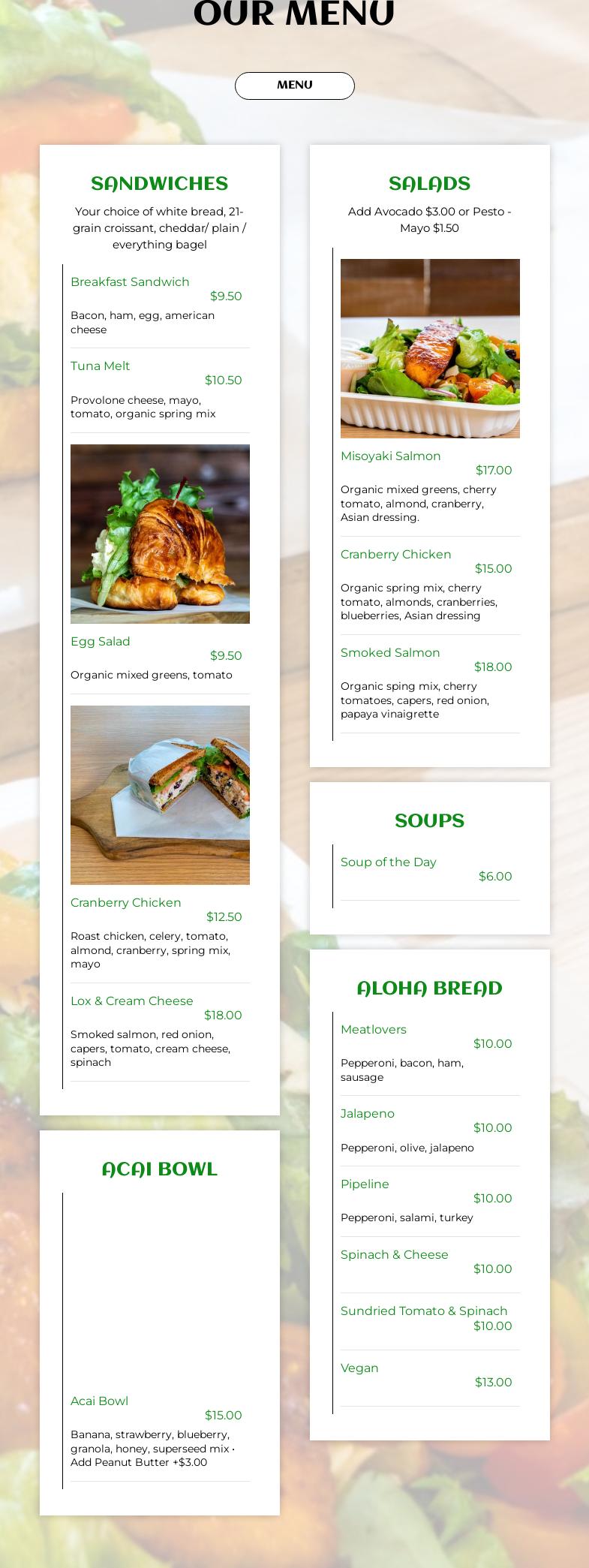 Aloha Bakehouse and Cafe Menu