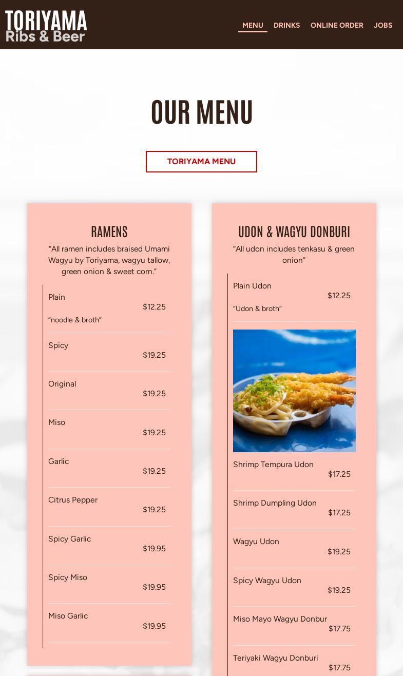 Toriyama, Ribs and Beer Menu
