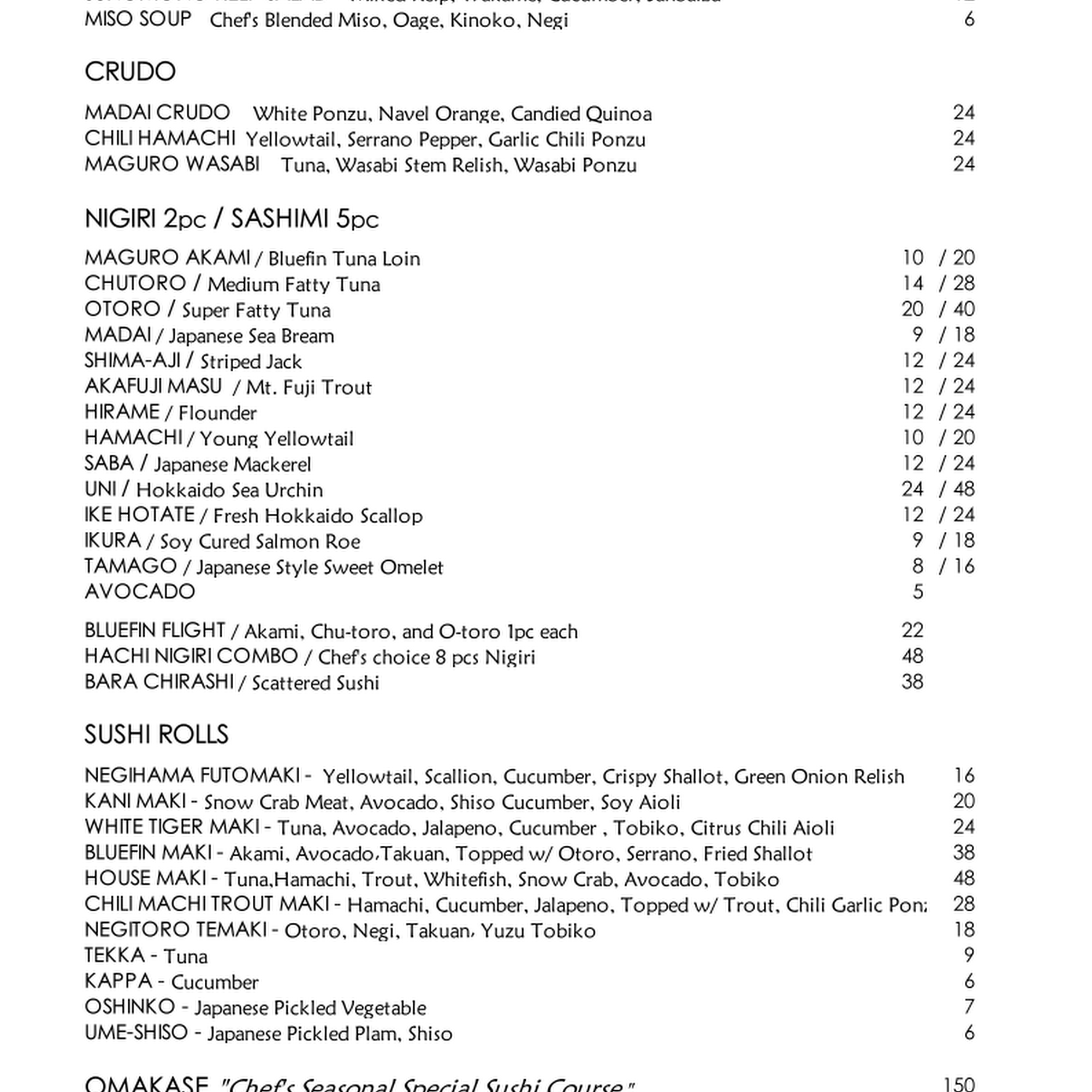 HACHI BY OAO Menu