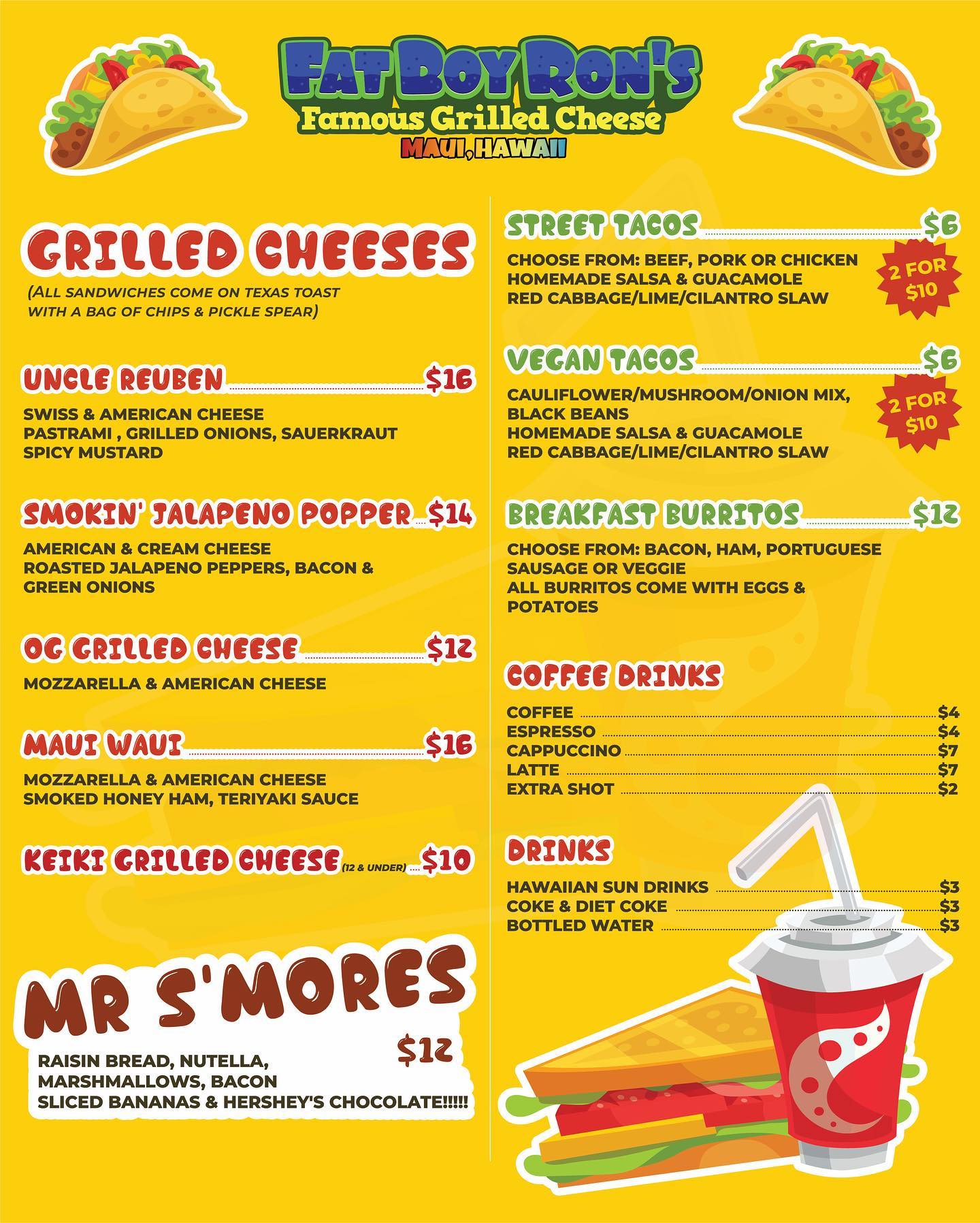 Fat Boy Ron's Famous Grilled Cheese Menu