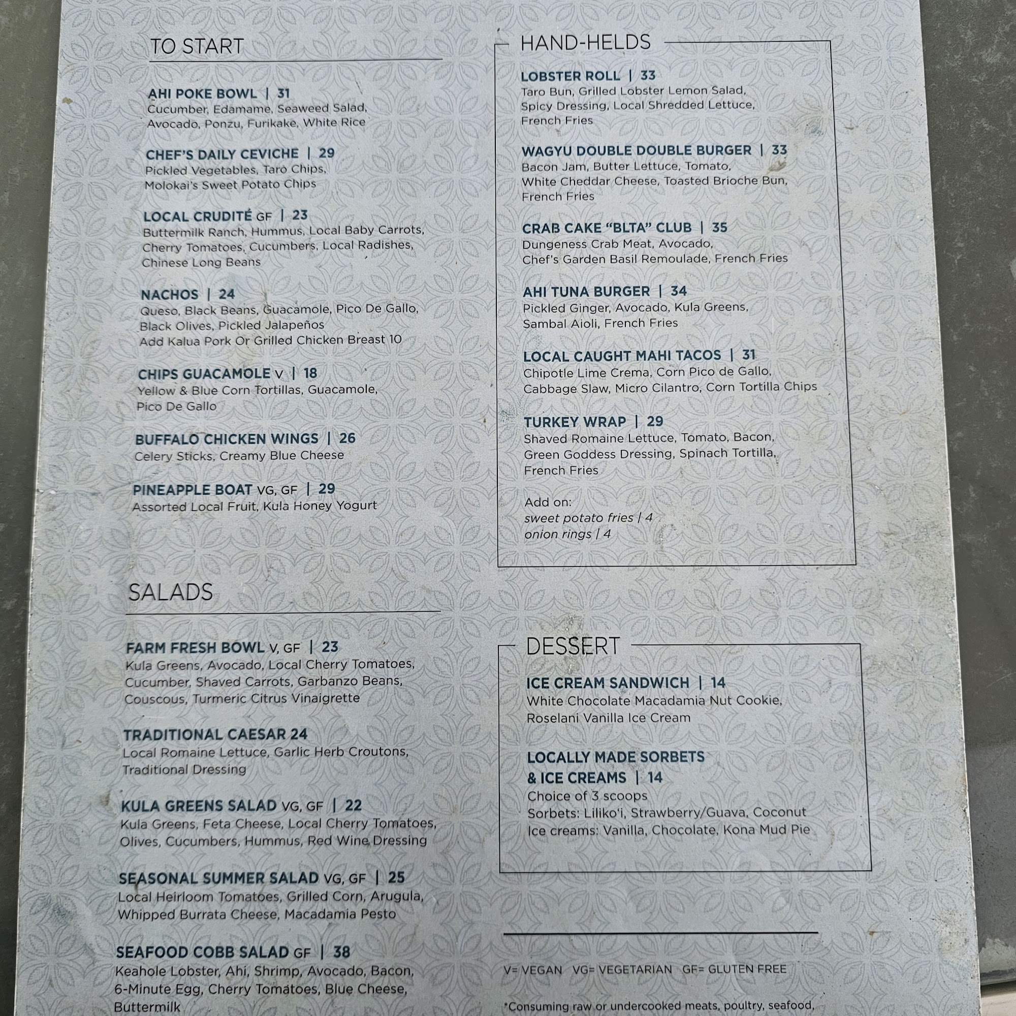 The Pool Bar Menu