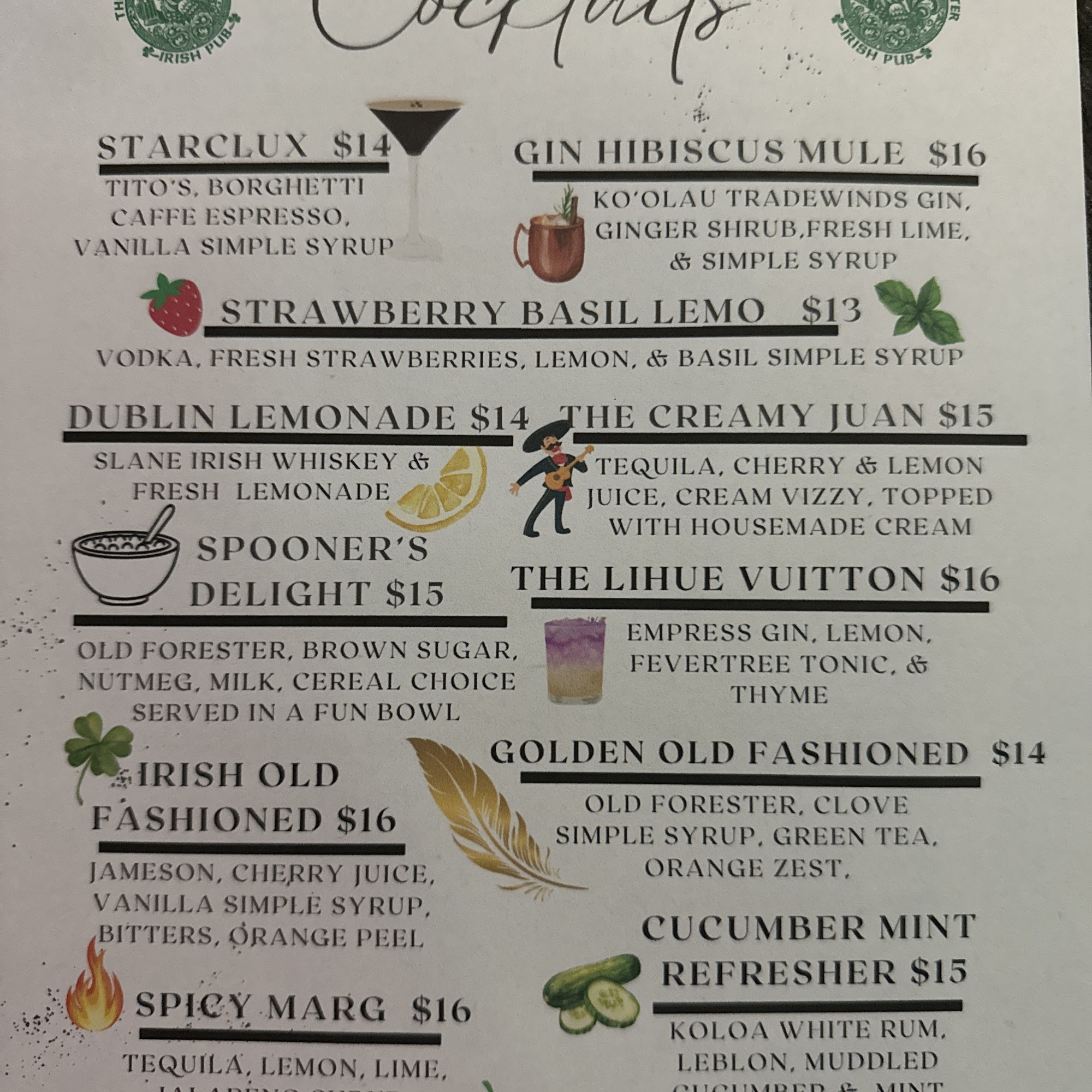 The Naughty Rooster Irish Pub Menu