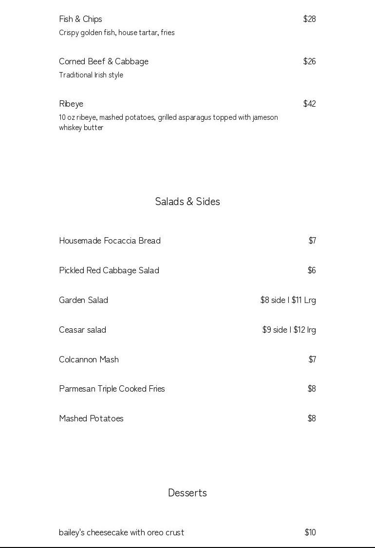 The Naughty Rooster Irish Pub Menu